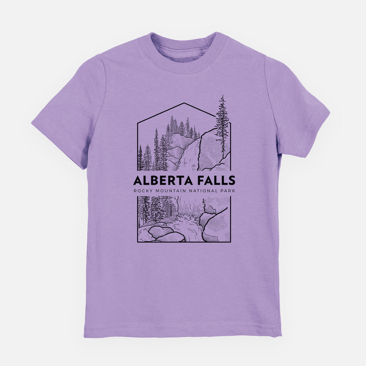 Lavender youth t-shirt laid flat, printed with a black line art badge of Alberta Falls with pine trees, with the words Alberta Falls, Rocky Mountain National Park.