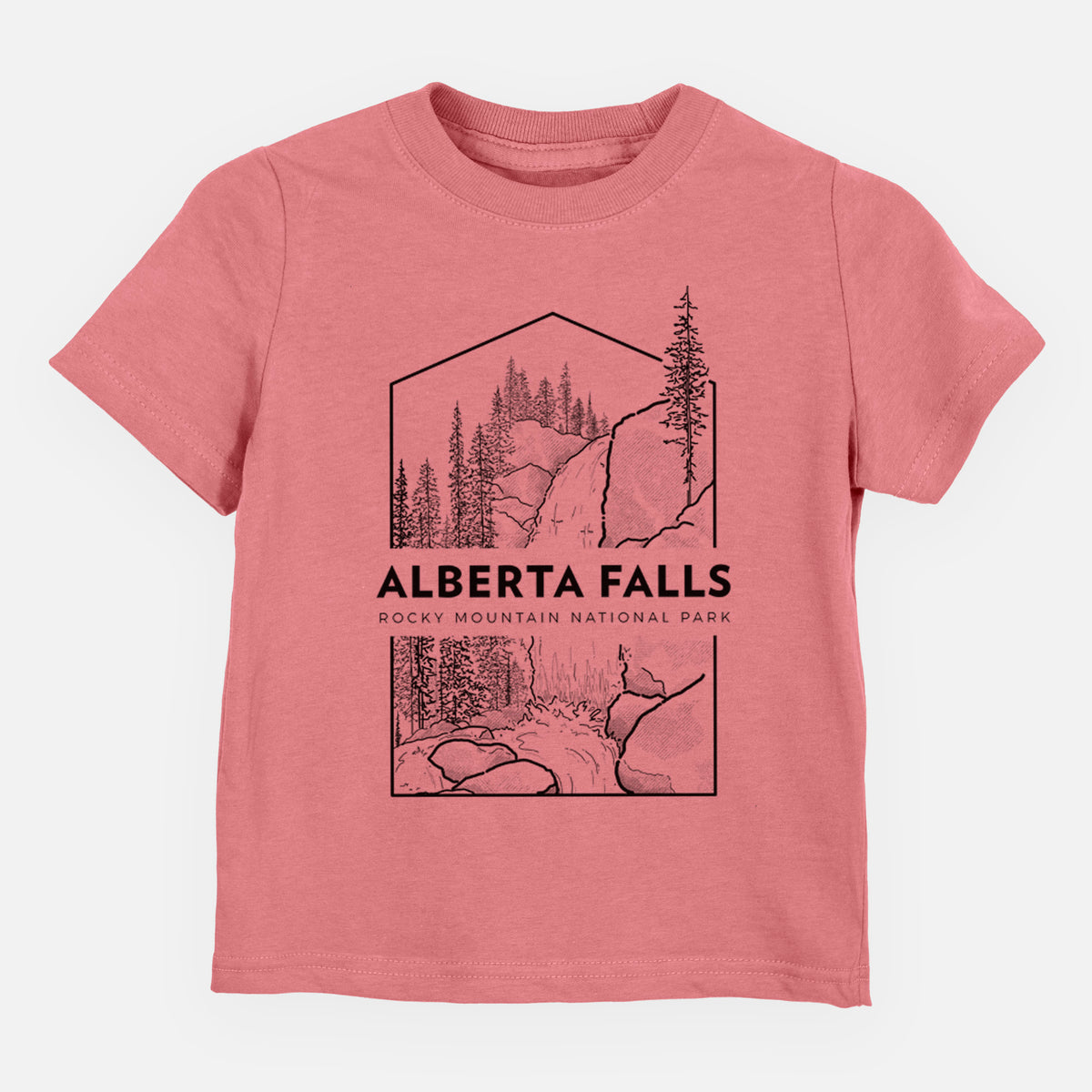 Mauve pink toddler t-shirt laid flat, printed with a black line art badge of Alberta Falls with pine trees, with the words Alberta Falls, Rocky Mountain National Park.