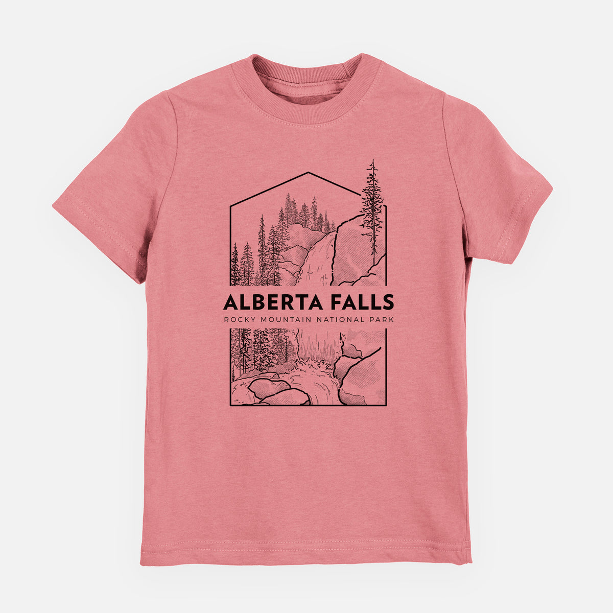 Mauve pink youth t-shirt laid flat, printed with a black line art badge of Alberta Falls with pine trees, with the words Alberta Falls, Rocky Mountain National Park.
