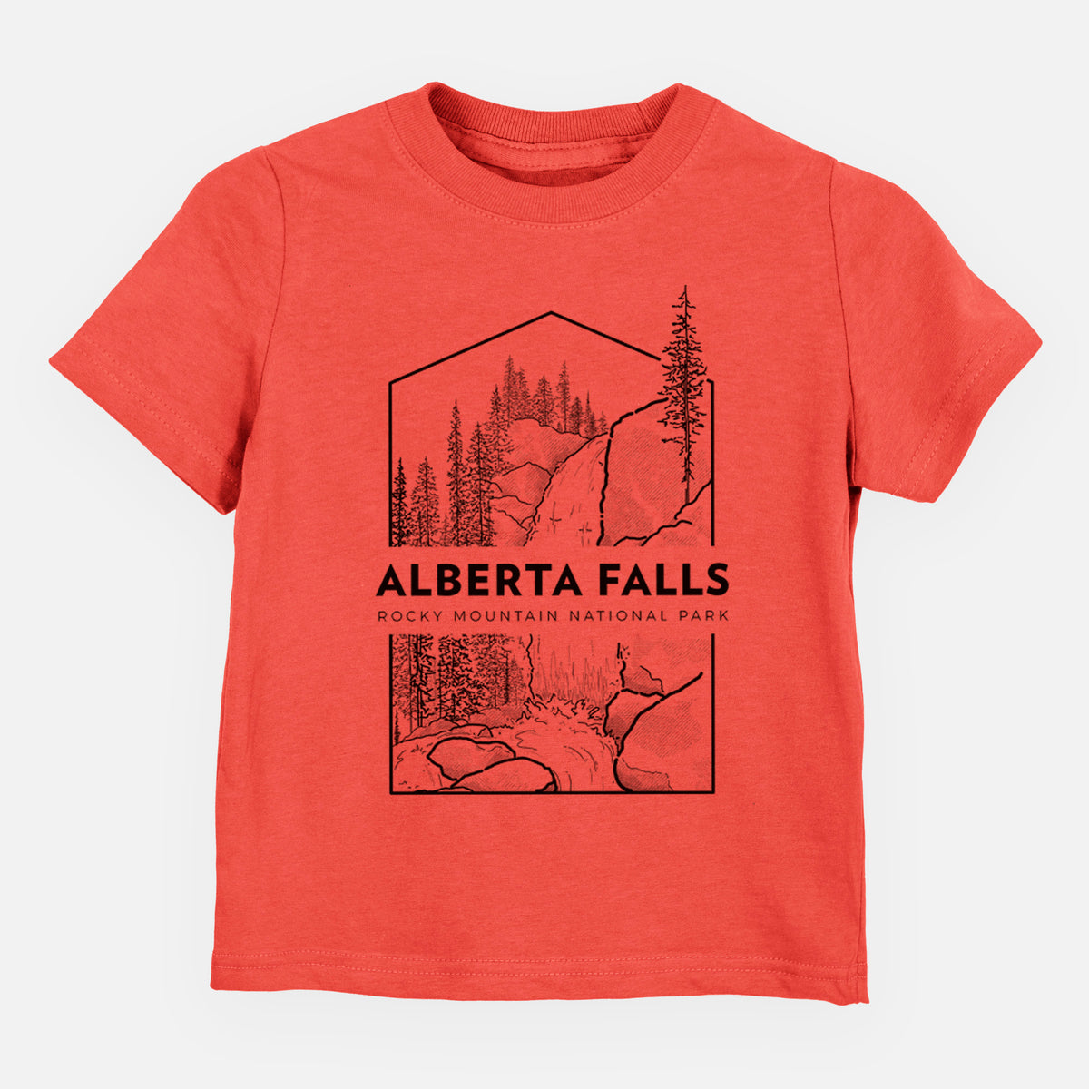 Passionfruit pink toddler t-shirt laid flat, printed with a black line art badge of Alberta Falls with pine trees, with the words Alberta Falls, Rocky Mountain National Park.