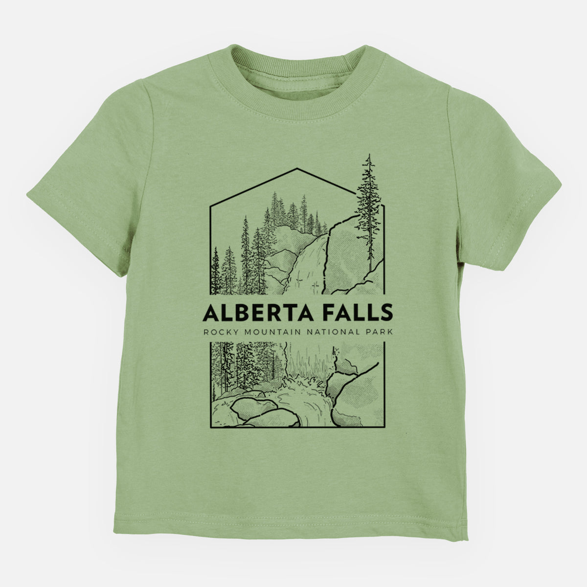 Sage green toddler t-shirt laid flat, printed with a black line art badge of Alberta Falls with pine trees, with the words Alberta Falls, Rocky Mountain National Park.