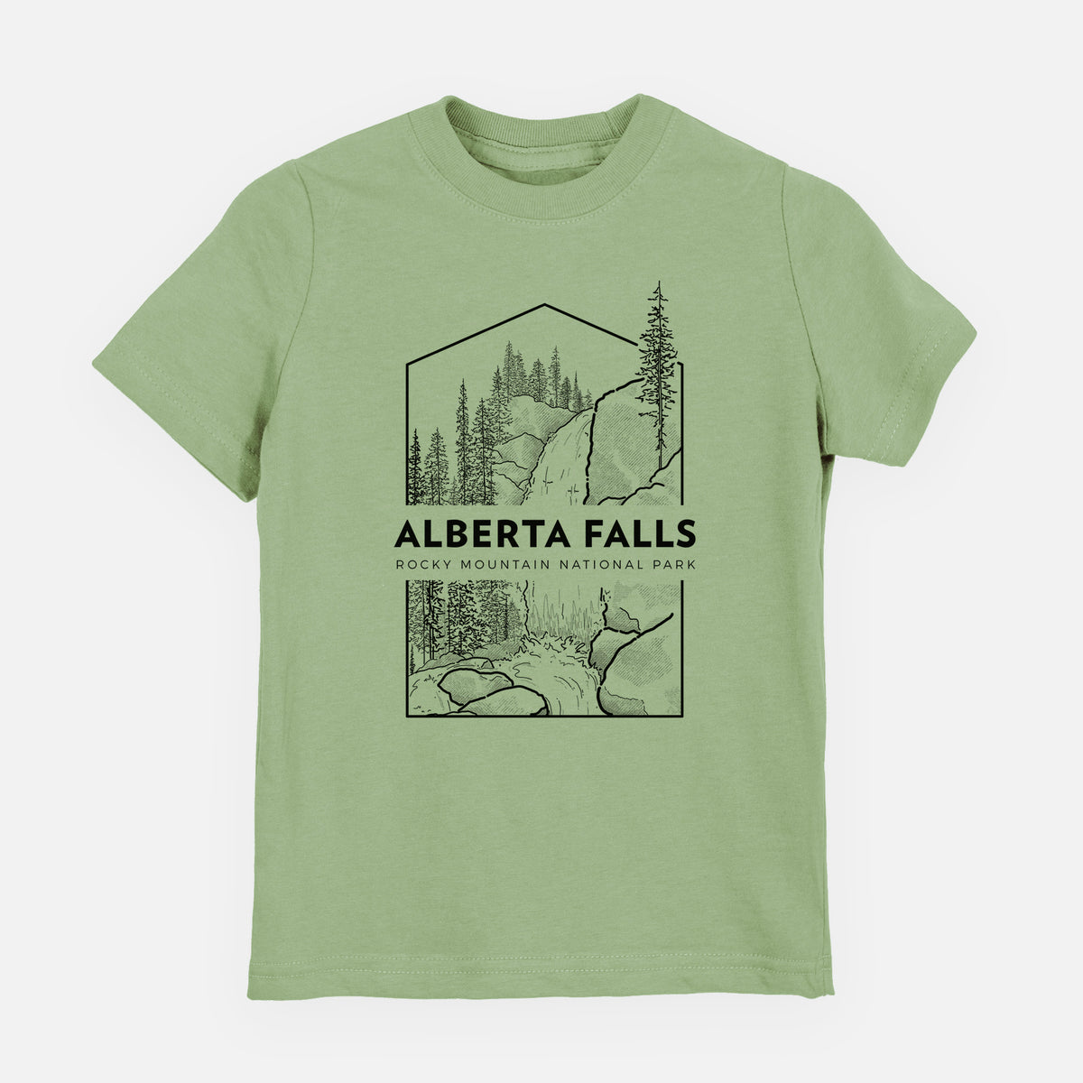 Sage green youth t-shirt laid flat, printed with a black line art badge of Alberta Falls with pine trees, with the words Alberta Falls, Rocky Mountain National Park.