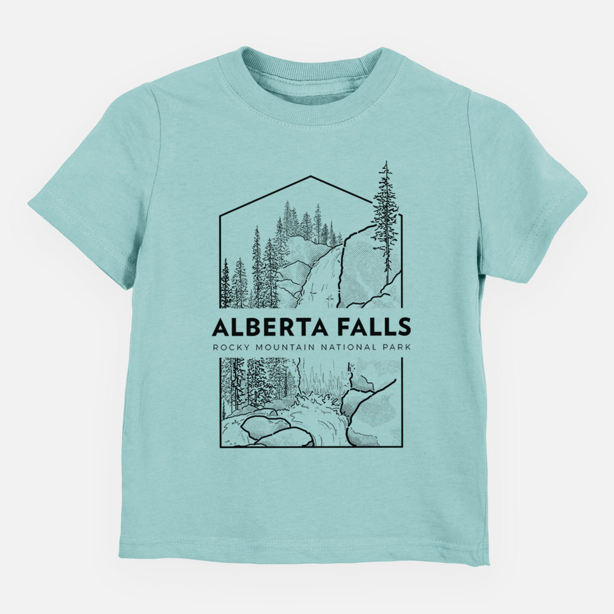 Saltwater toddler t-shirt laid flat, printed with a black line art badge of Alberta Falls with pine trees, with the words Alberta Falls, Rocky Mountain National Park.