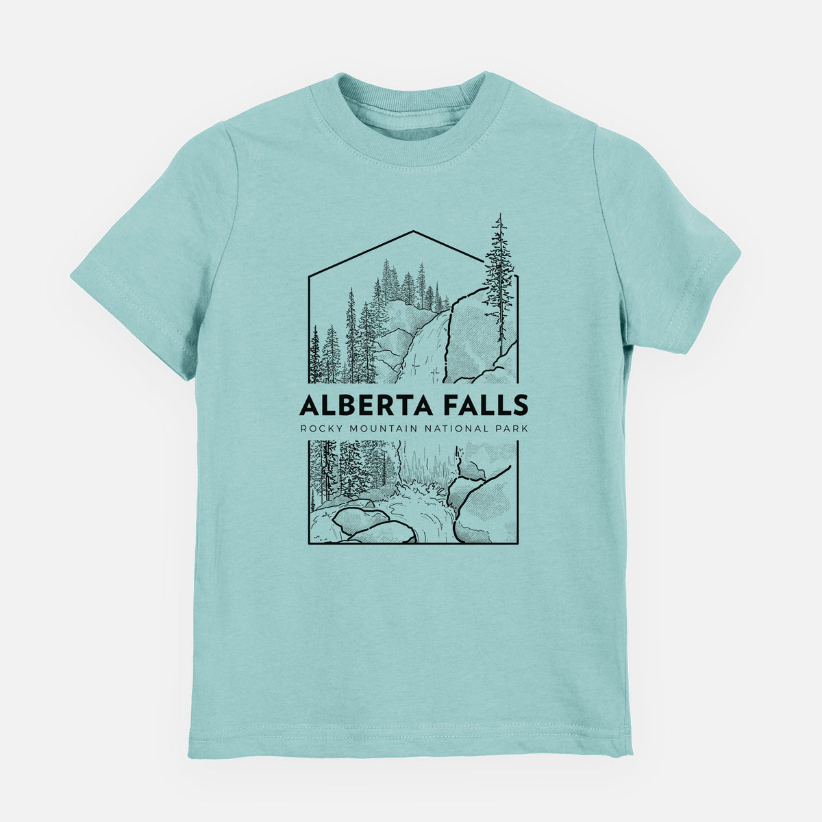 Saltwater youth t-shirt laid flat, printed with a black line art badge of Alberta Falls with pine trees, with the words Alberta Falls, Rocky Mountain National Park.