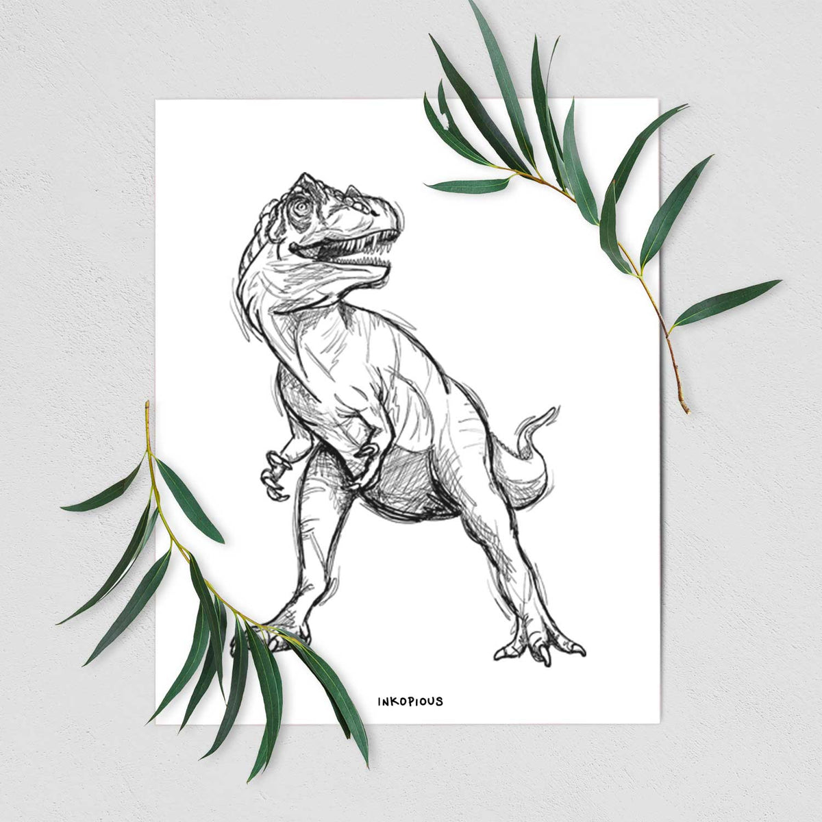 Art print of a black ink illustration of an Allosaurus walking, shown with eucalyptus leaves.