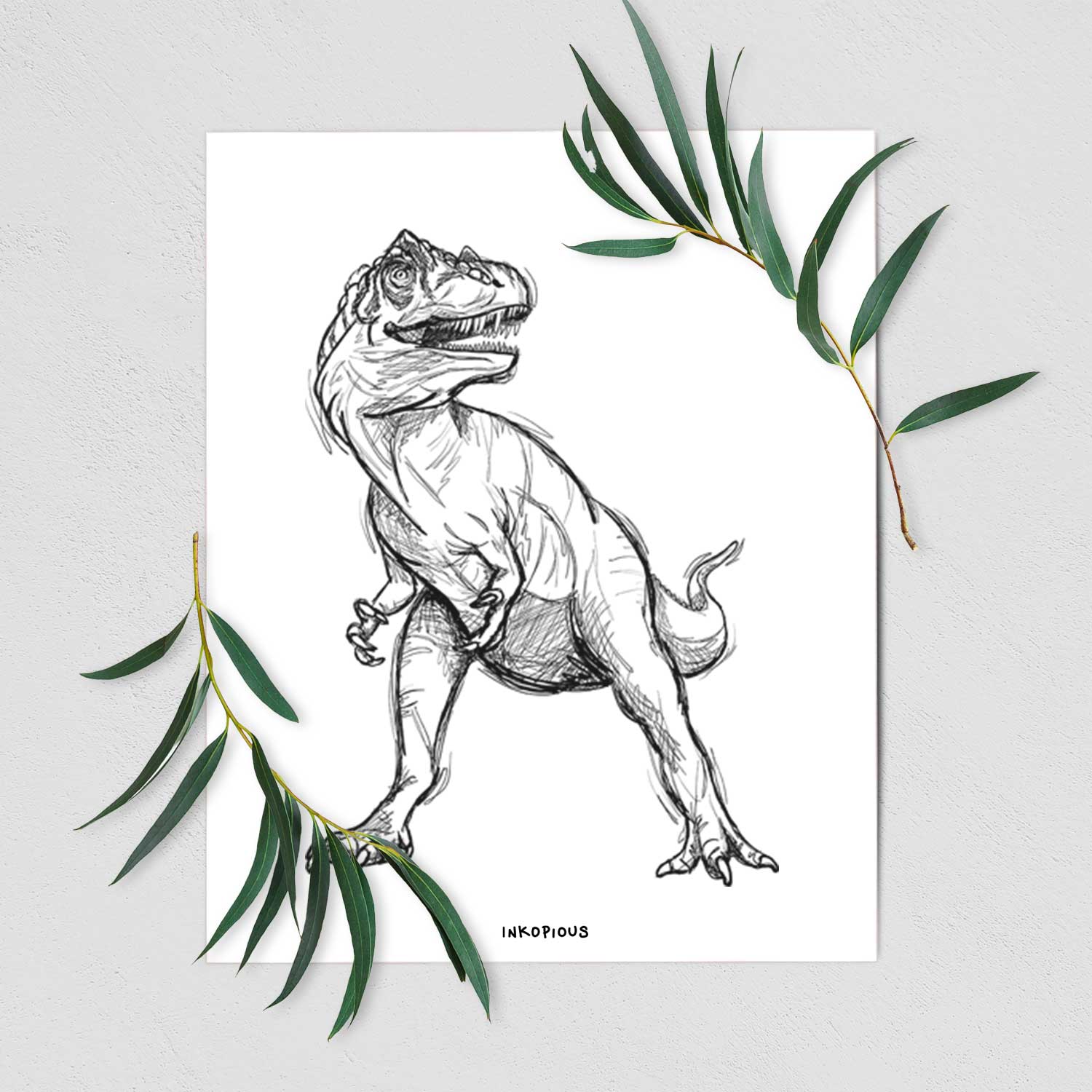 Art print of a black ink illustration of an Allosaurus walking, shown with eucalyptus leaves.