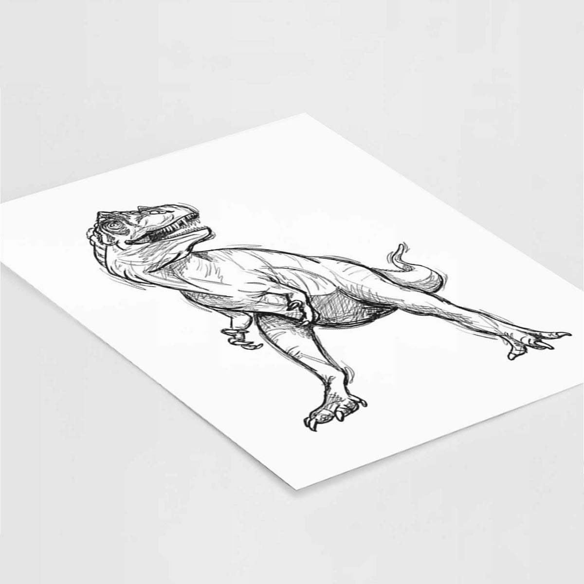 Art print of a black ink illustration of an Allosaurus walking, lying at an angle on a white surface.