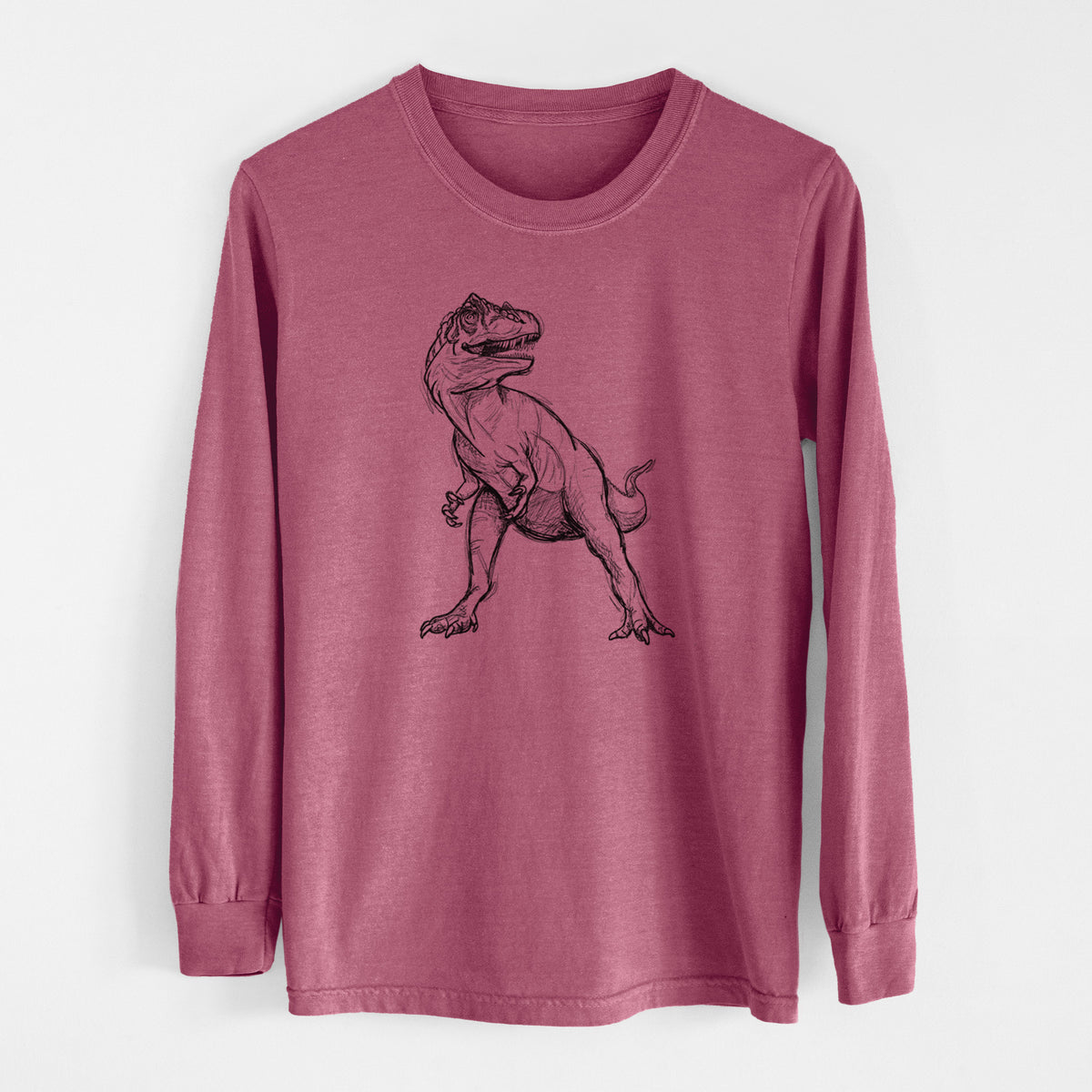 Crimson Comfort Colors long sleeve shirt laid flat, printed with a black ink illustration of an Allosaurus walking.