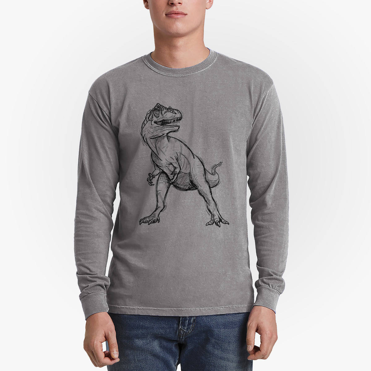 Man wearing a grey Comfort Colors long sleeve shirt printed with a black ink illustration of an Allosaurus walking.