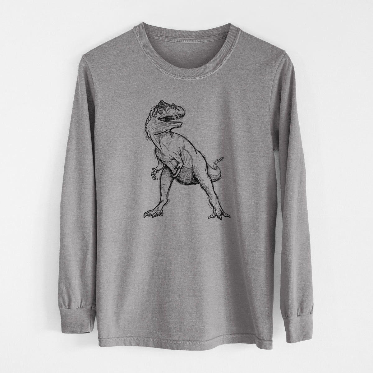 Grey Comfort Colors long sleeve shirt laid flat, printed with a black ink illustration of an Allosaurus walking.