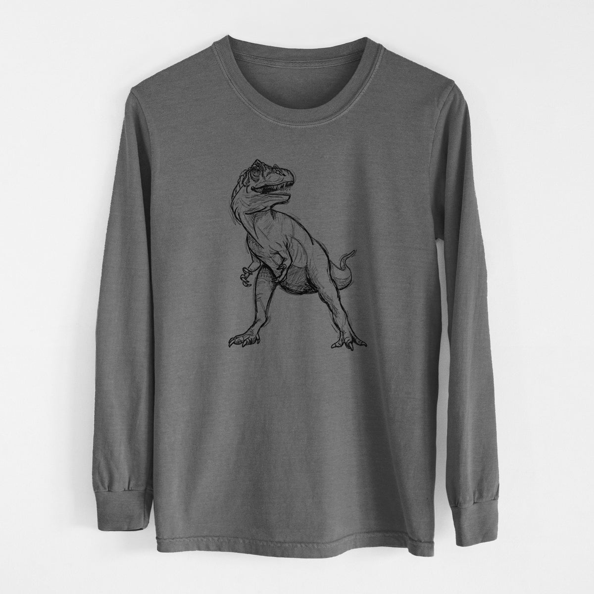 Pepper Comfort Colors long sleeve shirt laid flat, printed with a black ink illustration of an Allosaurus walking.