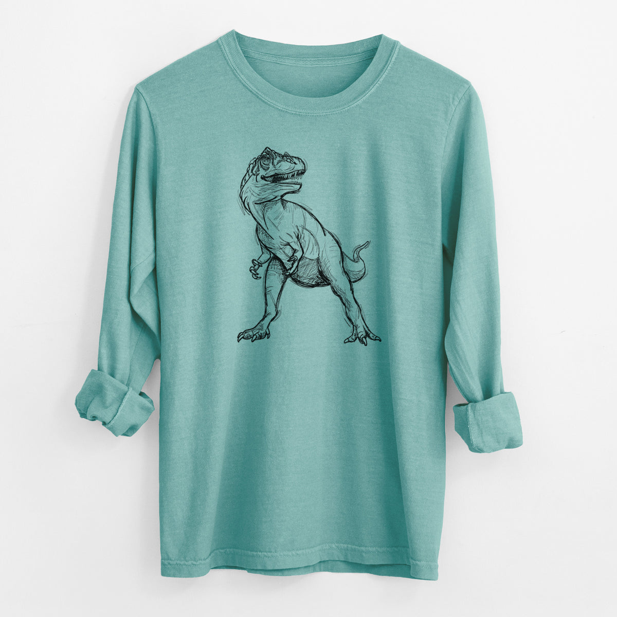 Reef green Comfort Colors long sleeve shirt laid flat with the cuffs rolled, printed with a black ink illustration of an Allosaurus walking.