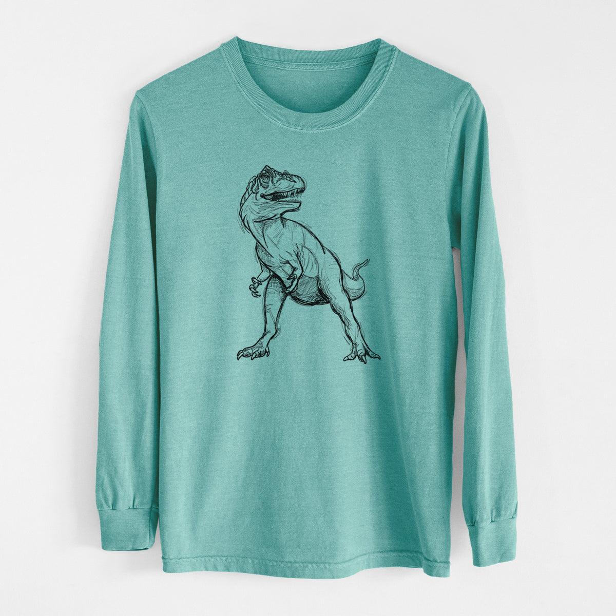 Reef green Comfort Colors long sleeve shirt laid flat, printed with a black ink illustration of an Allosaurus walking.