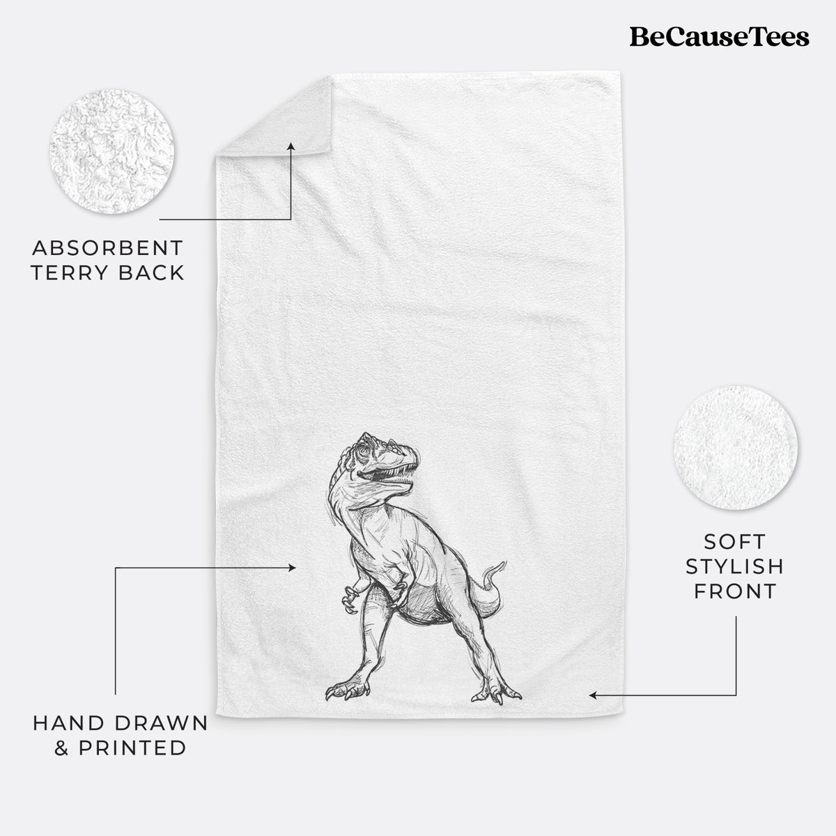 White hand towel printed with a black ink illustration of an Allosaurus walking.