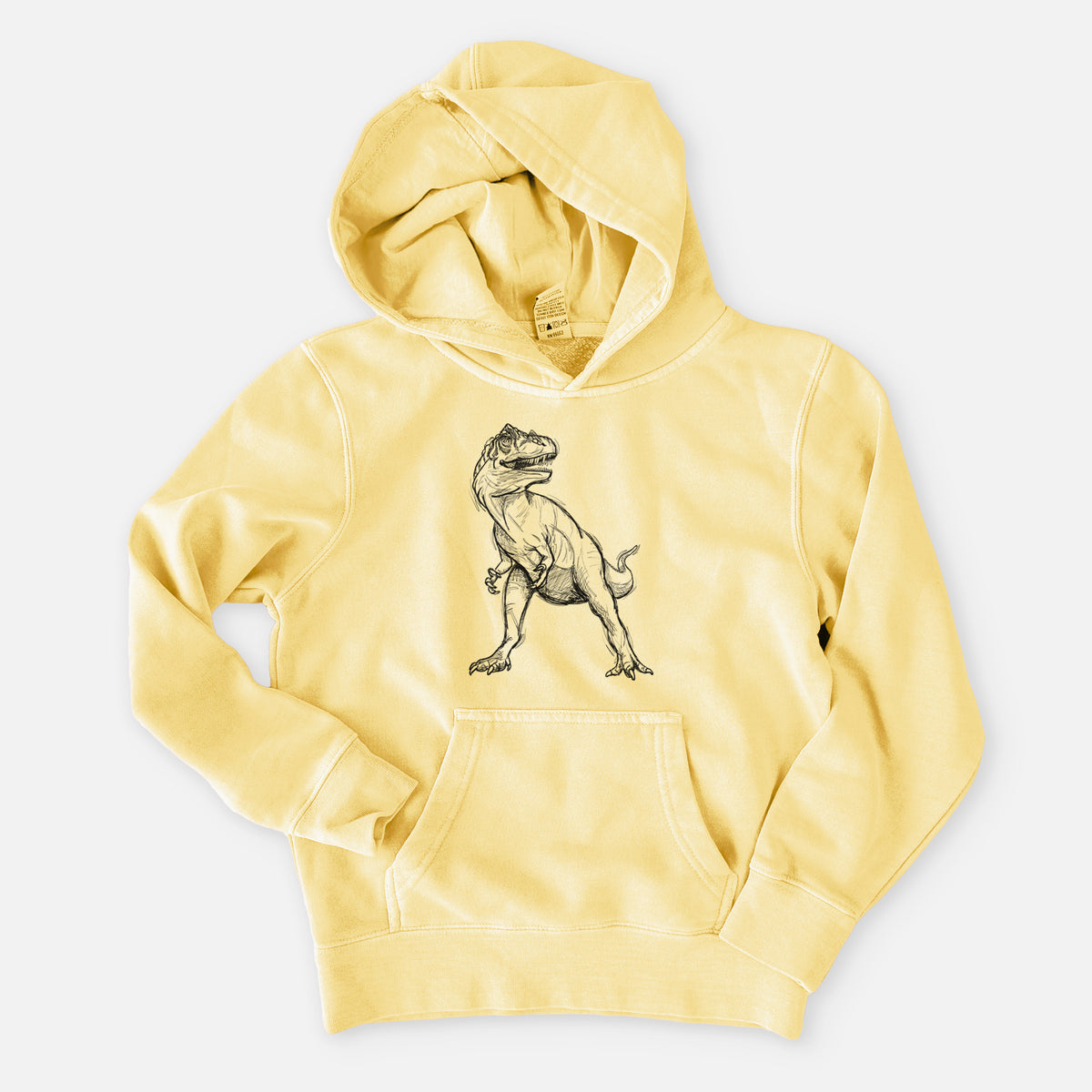 Pigment yellow youth pigment dyed hoodie laid flat, printed with a black ink illustration of an Allosaurus walking.