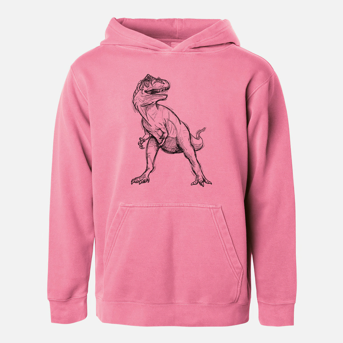 Pigment pink youth pigment dyed hoodie laid flat, printed with a black ink illustration of an Allosaurus walking.
