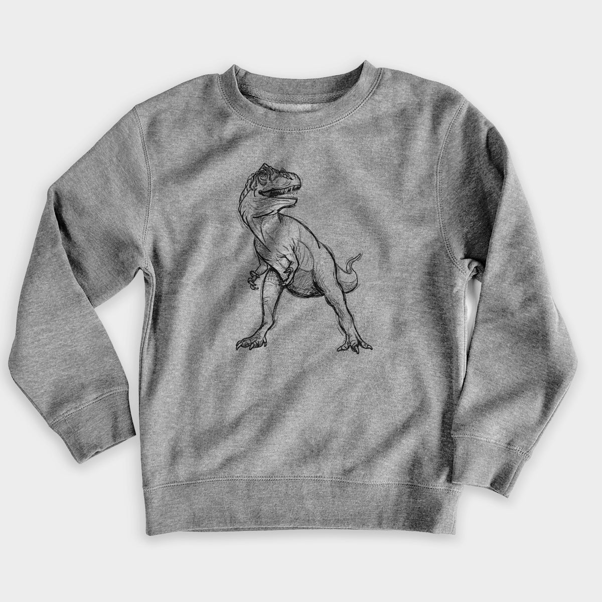 Nickel grey youth crewneck sweatshirt laid flat, printed with a black ink illustration of an Allosaurus walking.