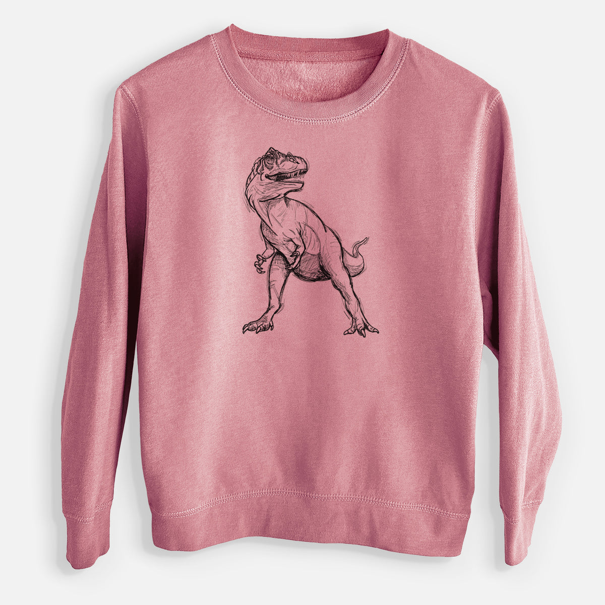 Mauve pink youth crewneck sweatshirt laid flat, printed with a black ink illustration of an Allosaurus walking.