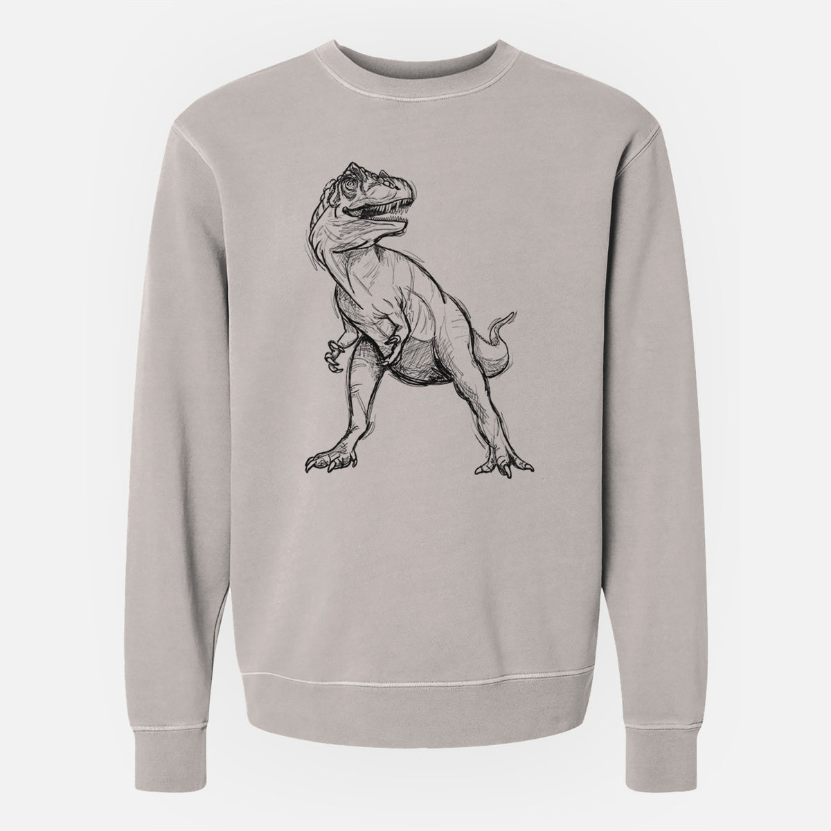 Cement grey pigment dyed crewneck sweatshirt laid flat, printed with a black ink illustration of an Allosaurus walking.