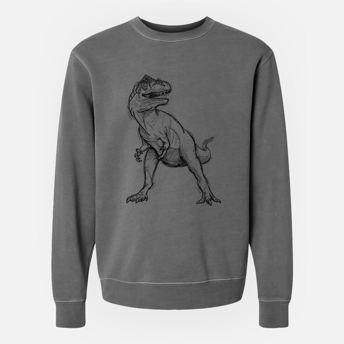 Faded black pigment dyed crewneck sweatshirt laid flat, printed with a black ink illustration of an Allosaurus walking.