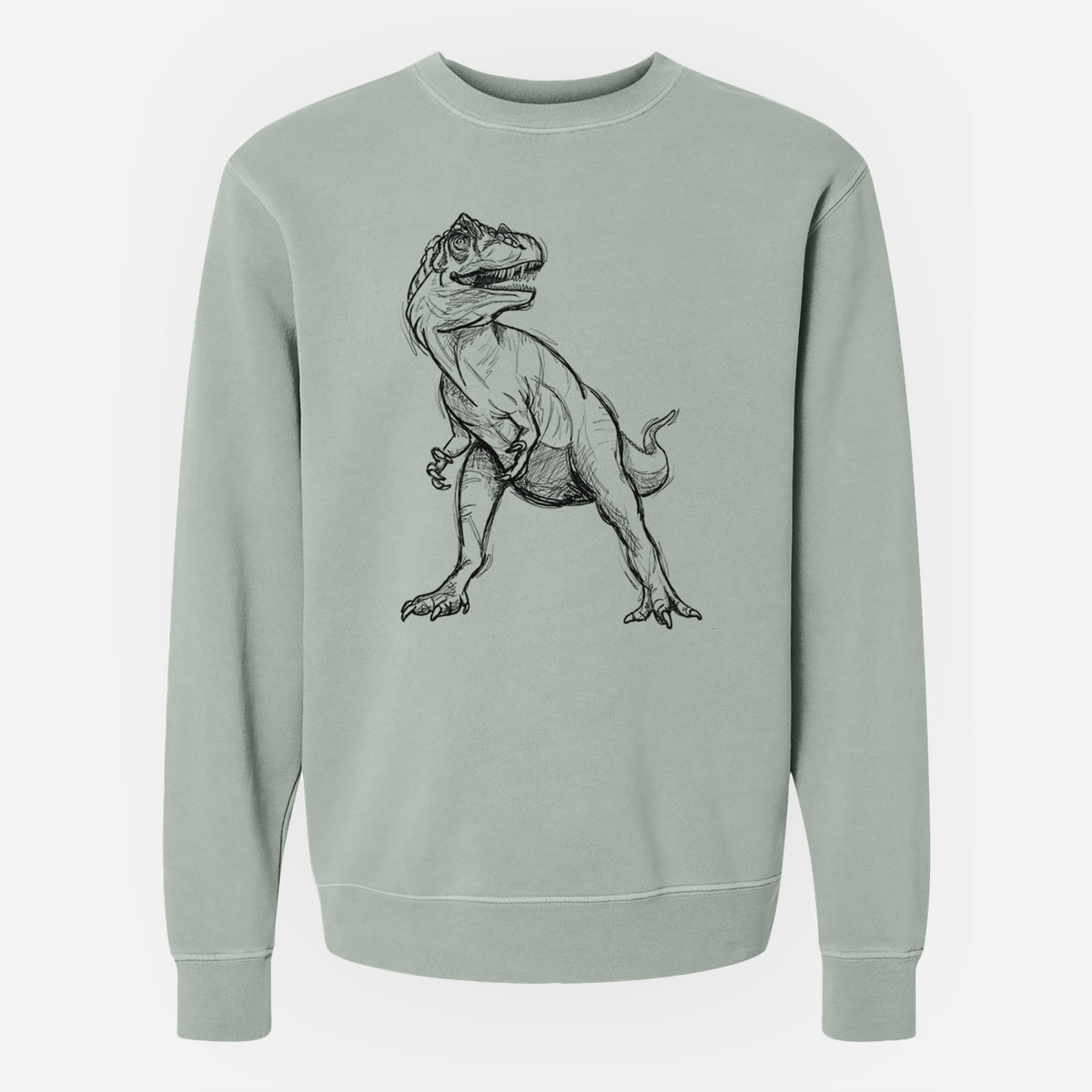 Sage green pigment dyed crewneck sweatshirt laid flat, printed with a black ink illustration of an Allosaurus walking.