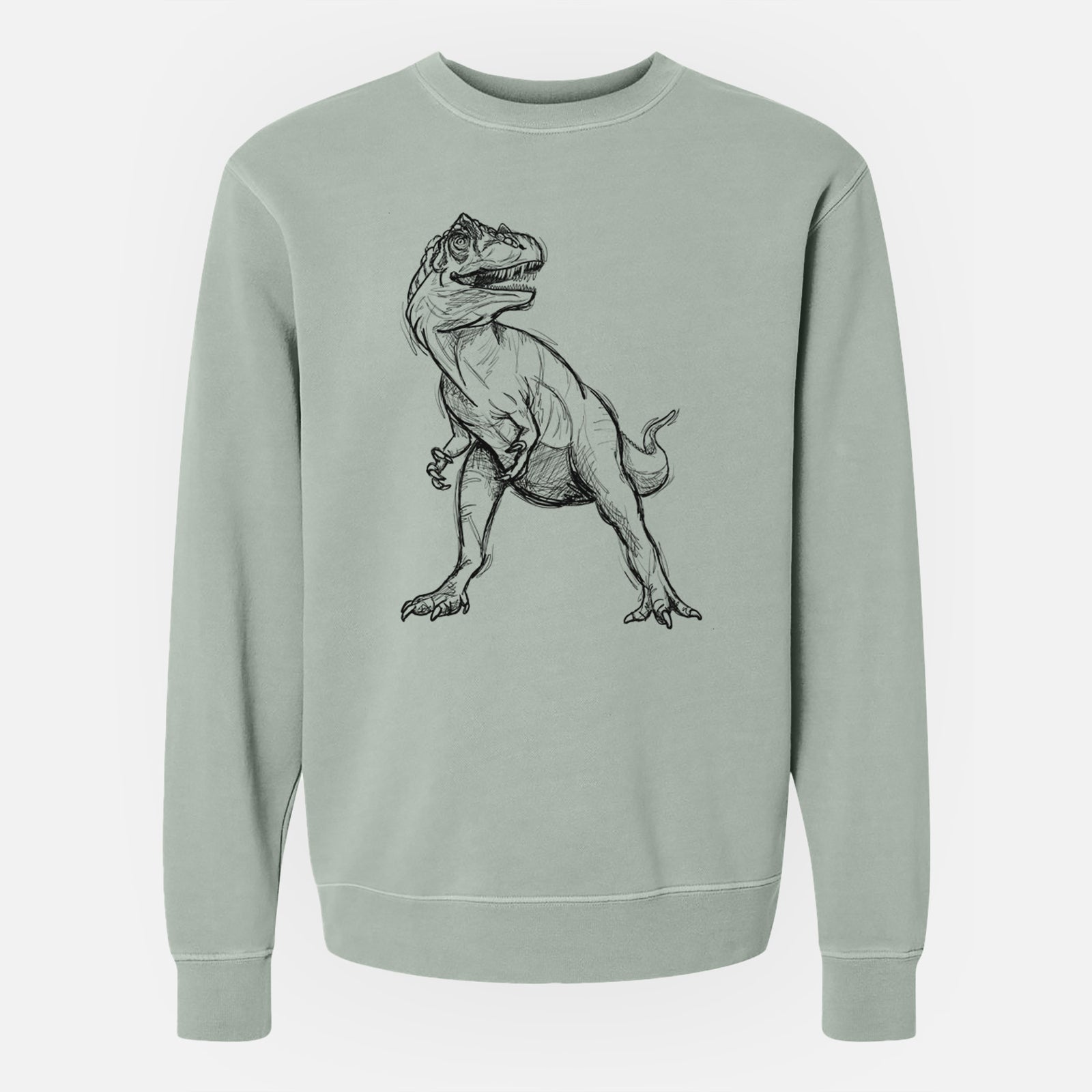 Sage green pigment dyed crewneck sweatshirt laid flat, printed with a black ink illustration of an Allosaurus walking.