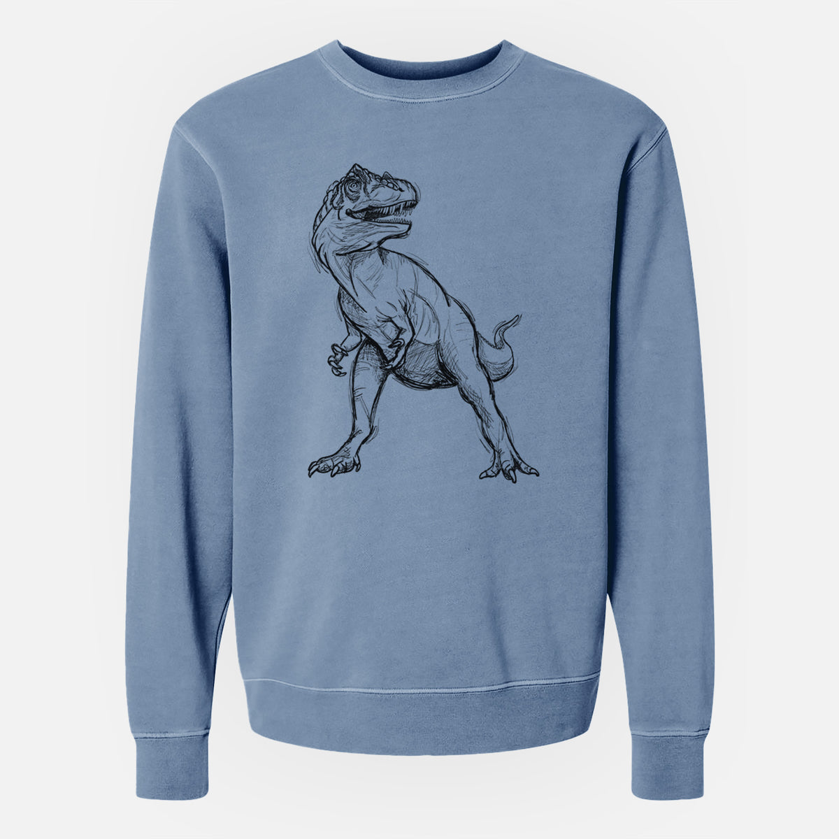 Slate blue pigment dyed crewneck sweatshirt laid flat, printed with a black ink illustration of an Allosaurus walking.
