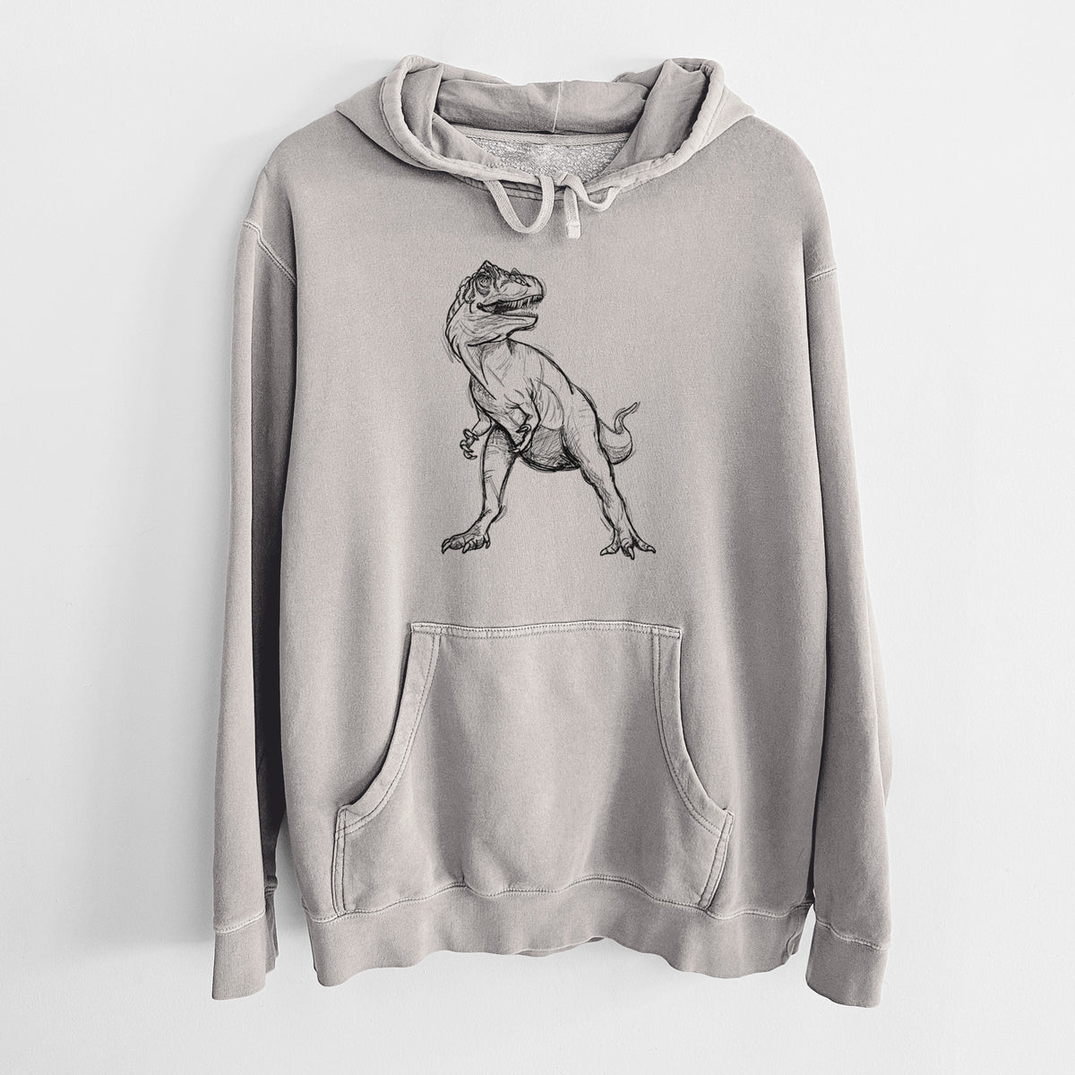 Cement grey pigment dyed hoodie laid flat, printed with a black ink illustration of an Allosaurus walking.