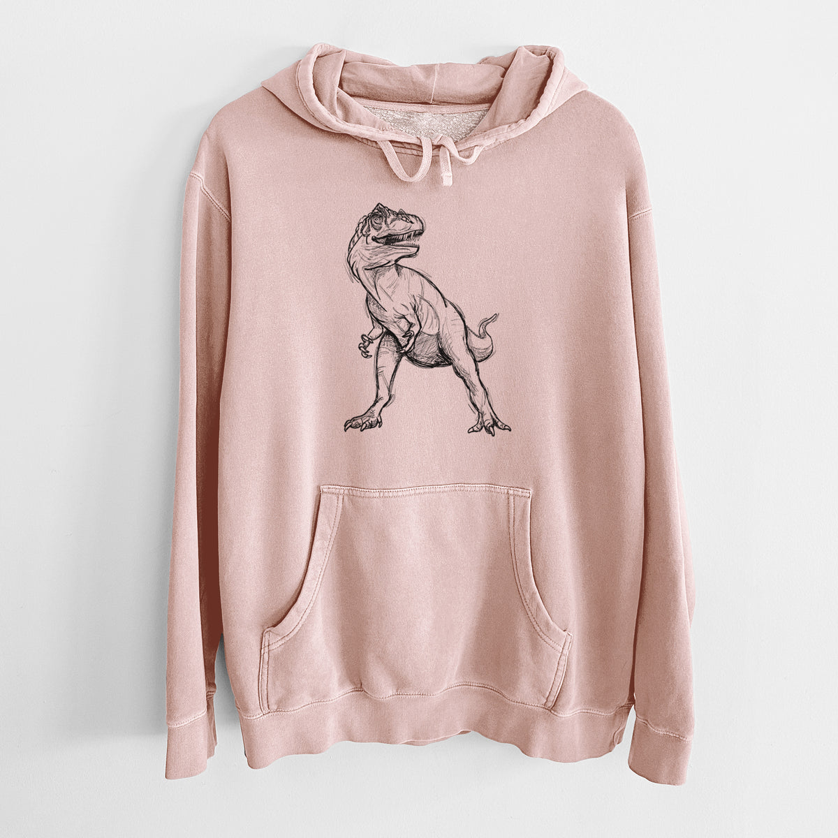 Dusty pink pigment dyed hoodie laid flat, printed with a black ink illustration of an Allosaurus walking.