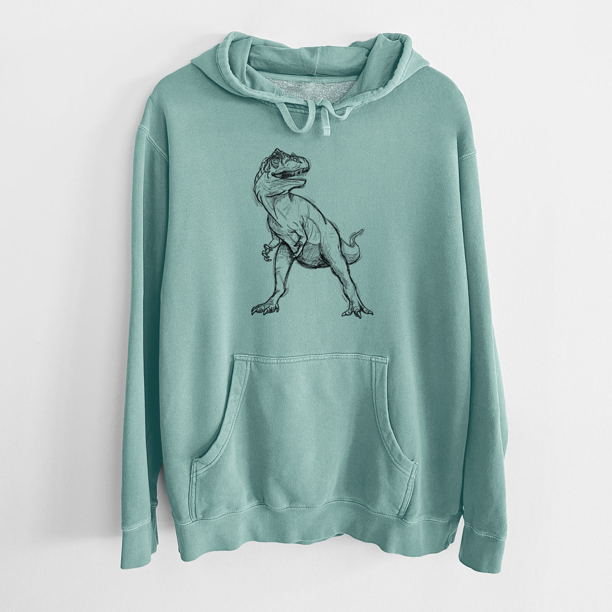 Mint green pigment dyed hoodie laid flat, printed with a black ink illustration of an Allosaurus walking.