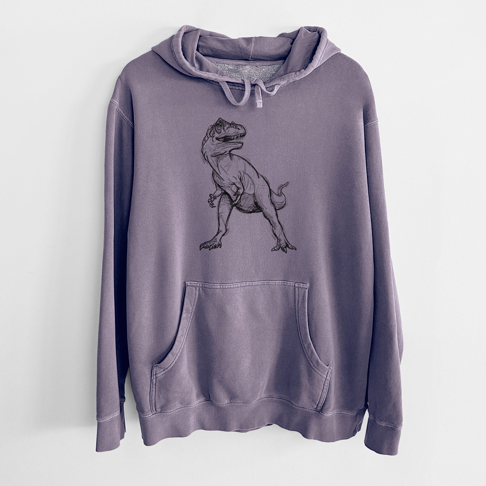 Plum purple pigment dyed hoodie laid flat, printed with a black ink illustration of an Allosaurus walking.