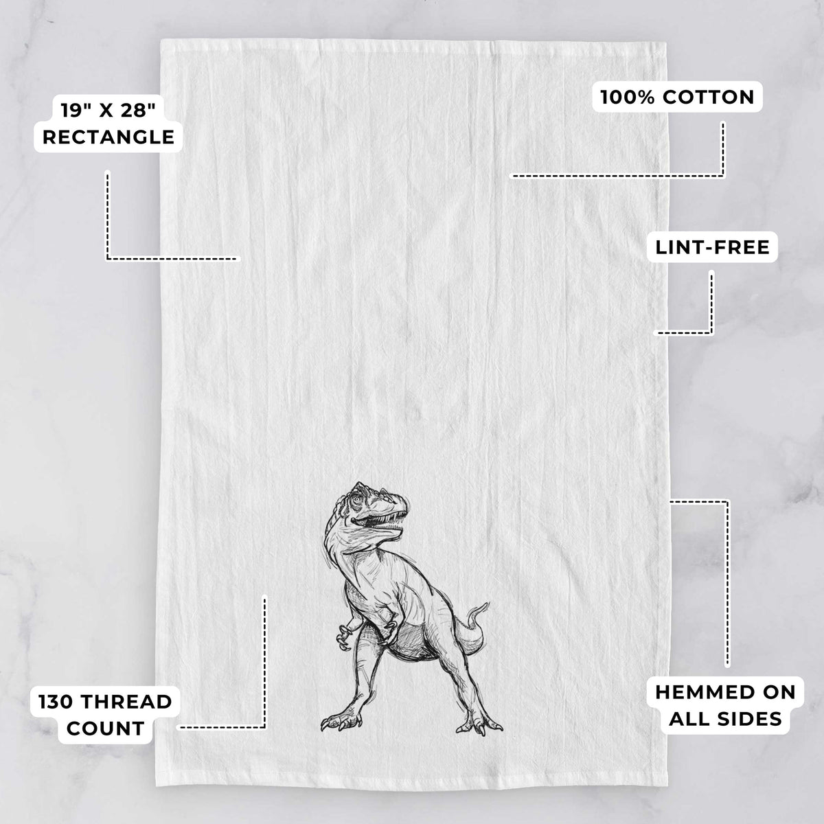 White tea towel printed with a black ink illustration of an Allosaurus walking, with feature labels: 19 by 28 inch rectangle, 100% cotton, lint-free, 130 thread count, hemmed on all sides.