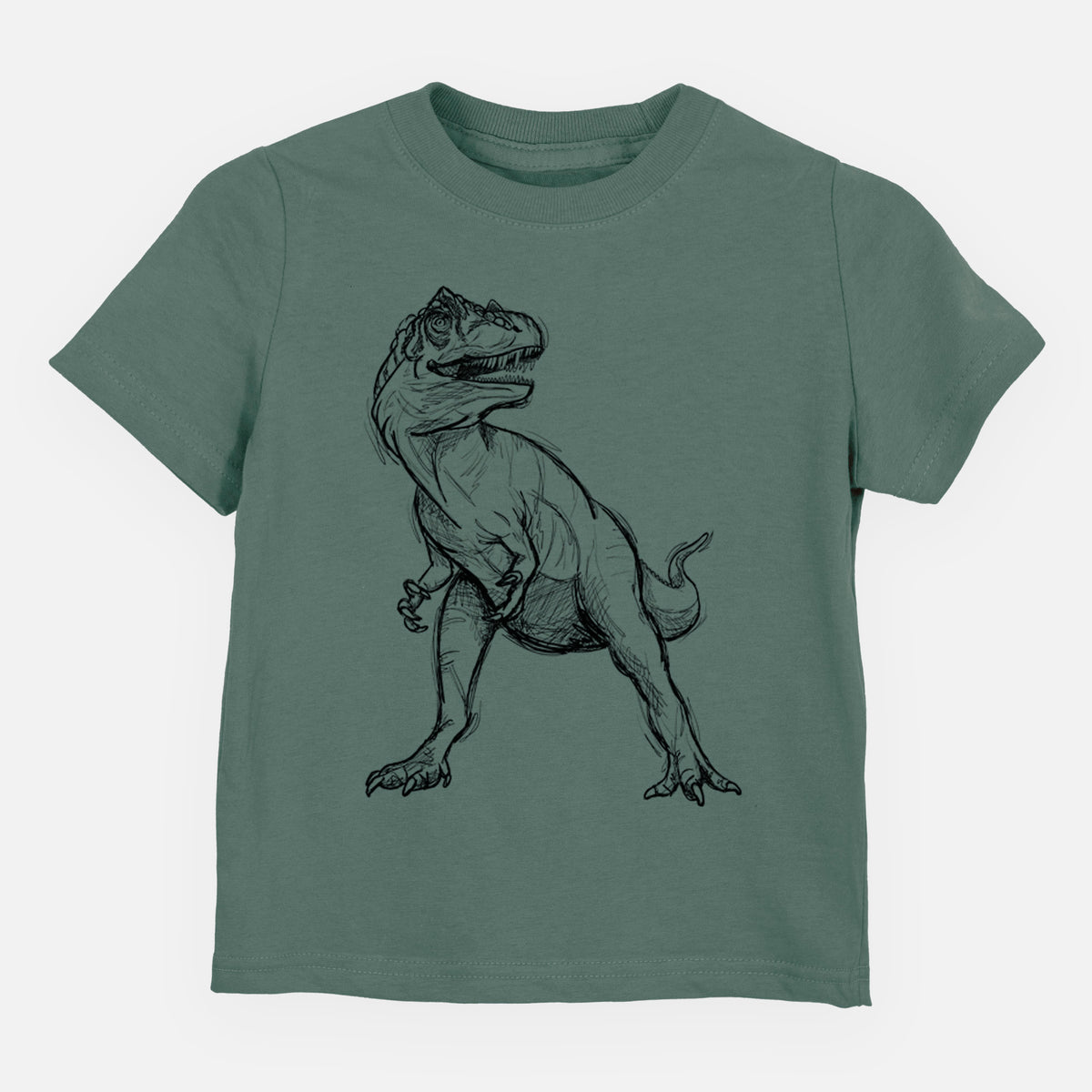 Basil green toddler t-shirt laid flat, printed with a black ink illustration of an Allosaurus walking.