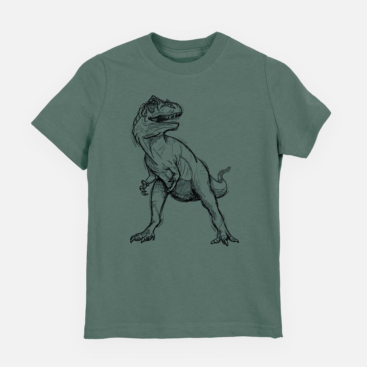 Basil green youth t-shirt laid flat, printed with a black ink illustration of an Allosaurus walking.