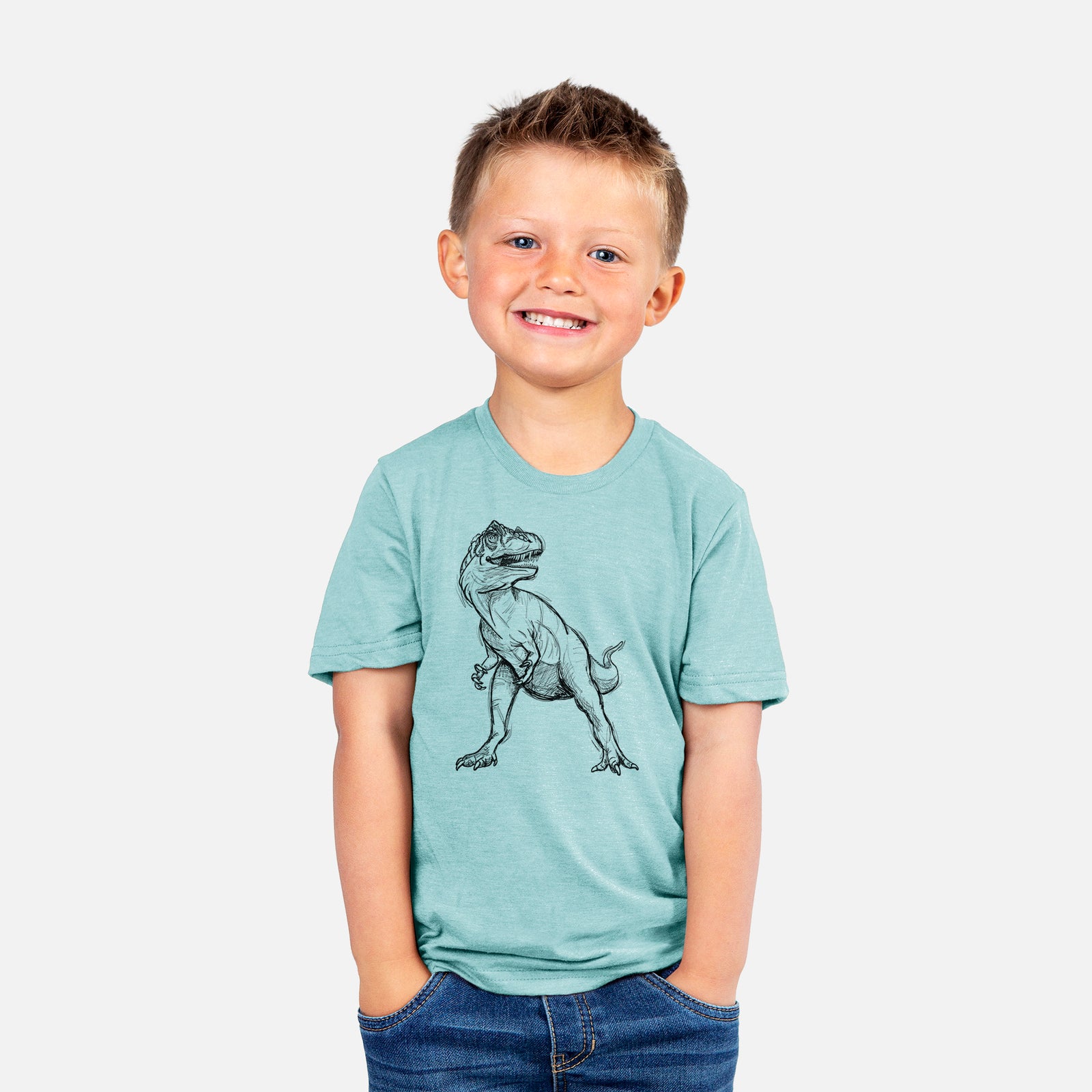 Two youth t-shirts in different colors on hangers, printed with a black ink illustration of an Allosaurus walking.