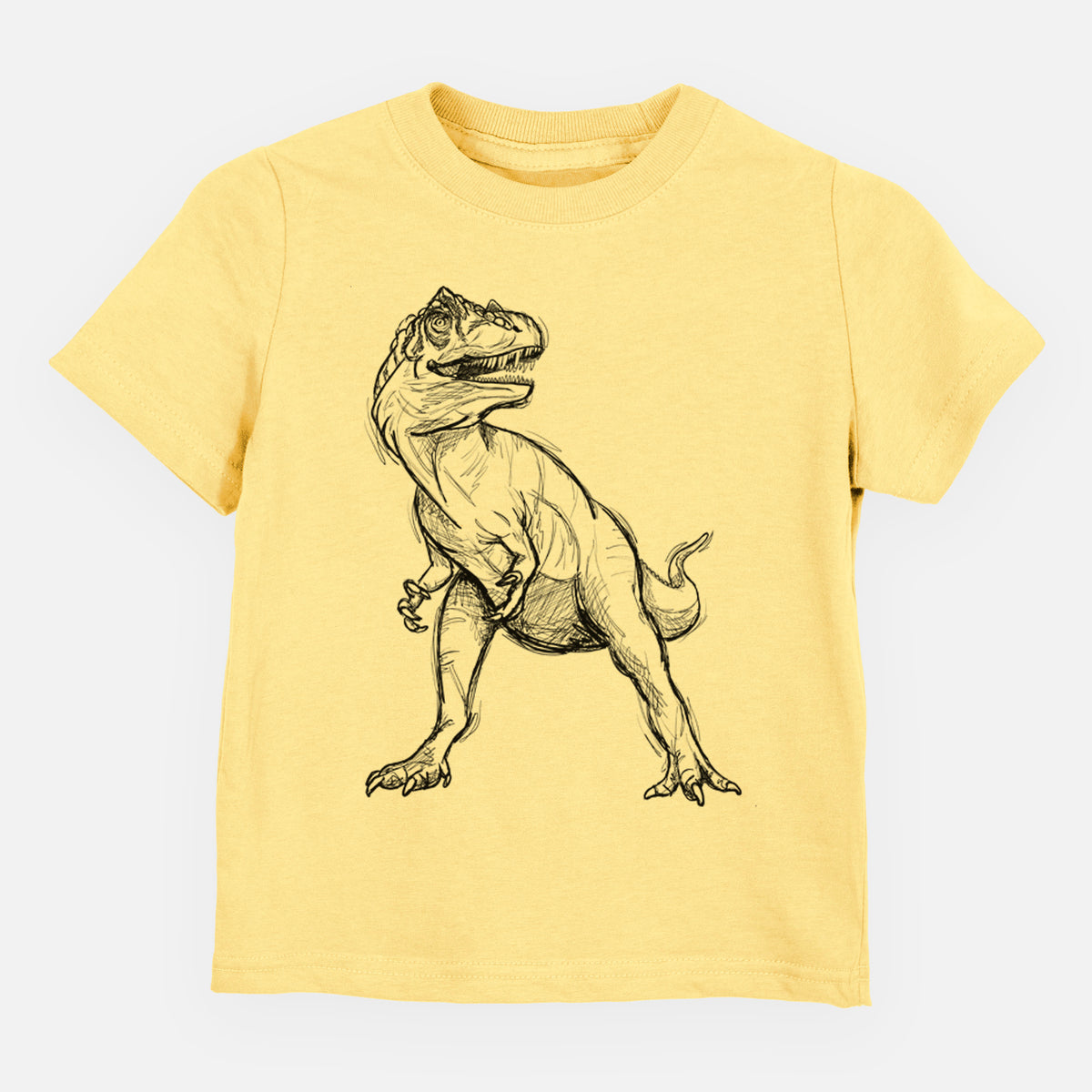Butter yellow toddler t-shirt laid flat, printed with a black ink illustration of an Allosaurus walking.