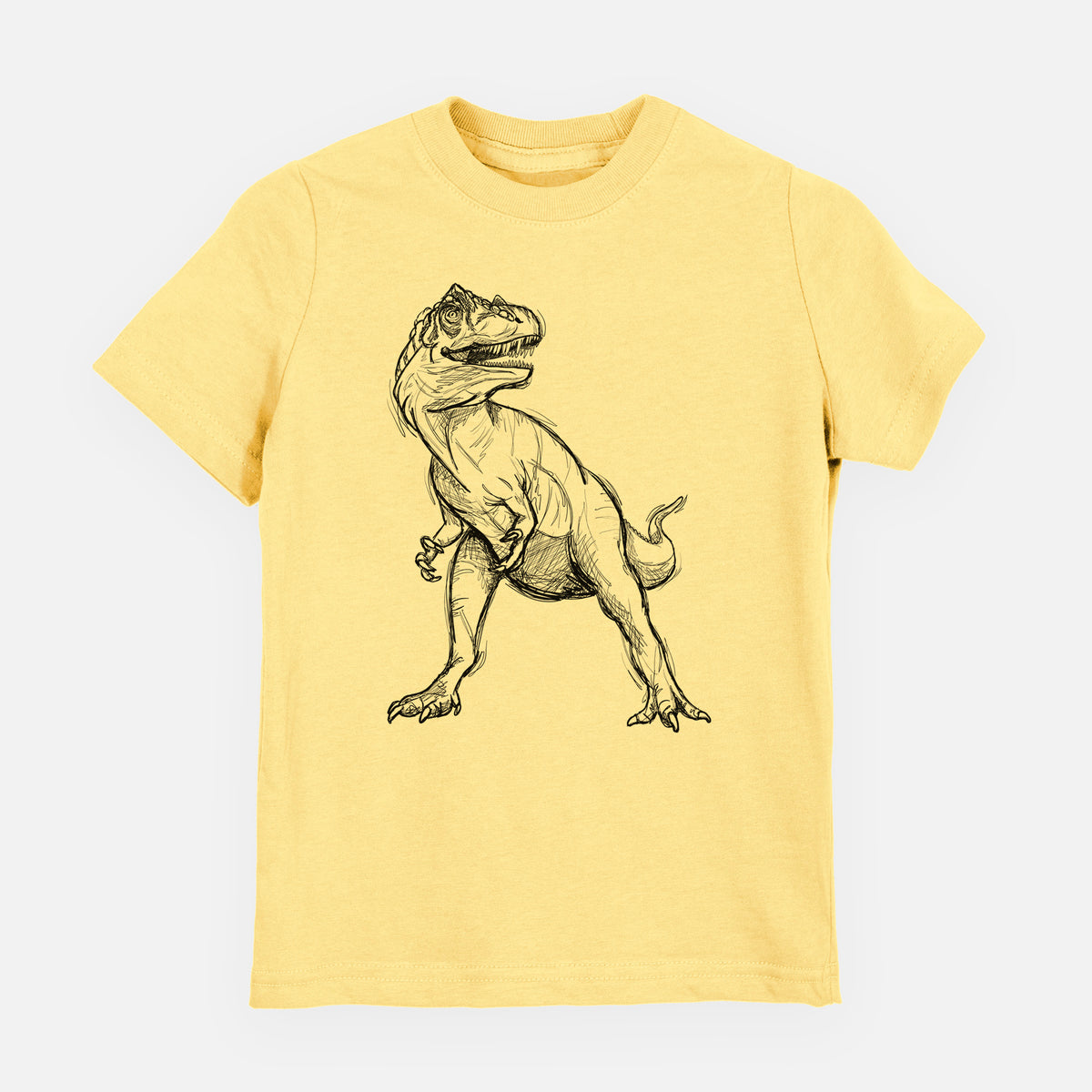 Butter yellow youth t-shirt laid flat, printed with a black ink illustration of an Allosaurus walking.