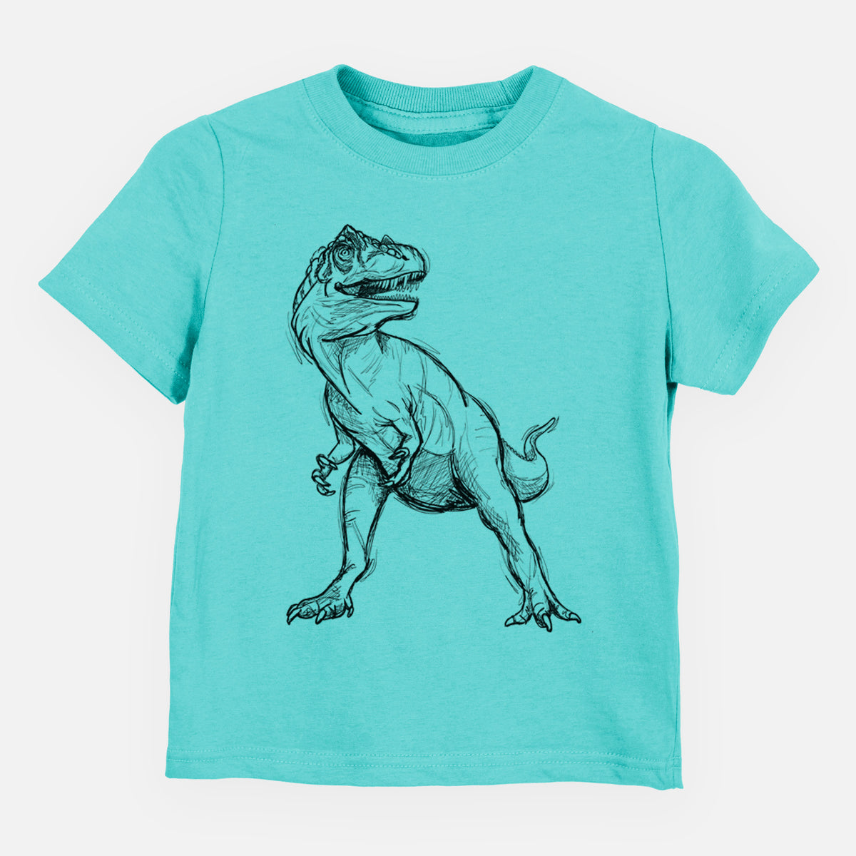 Caribbean blue toddler t-shirt laid flat, printed with a black ink illustration of an Allosaurus walking.