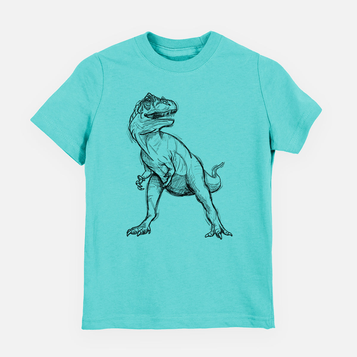 Caribbean blue youth t-shirt laid flat, printed with a black ink illustration of an Allosaurus walking.