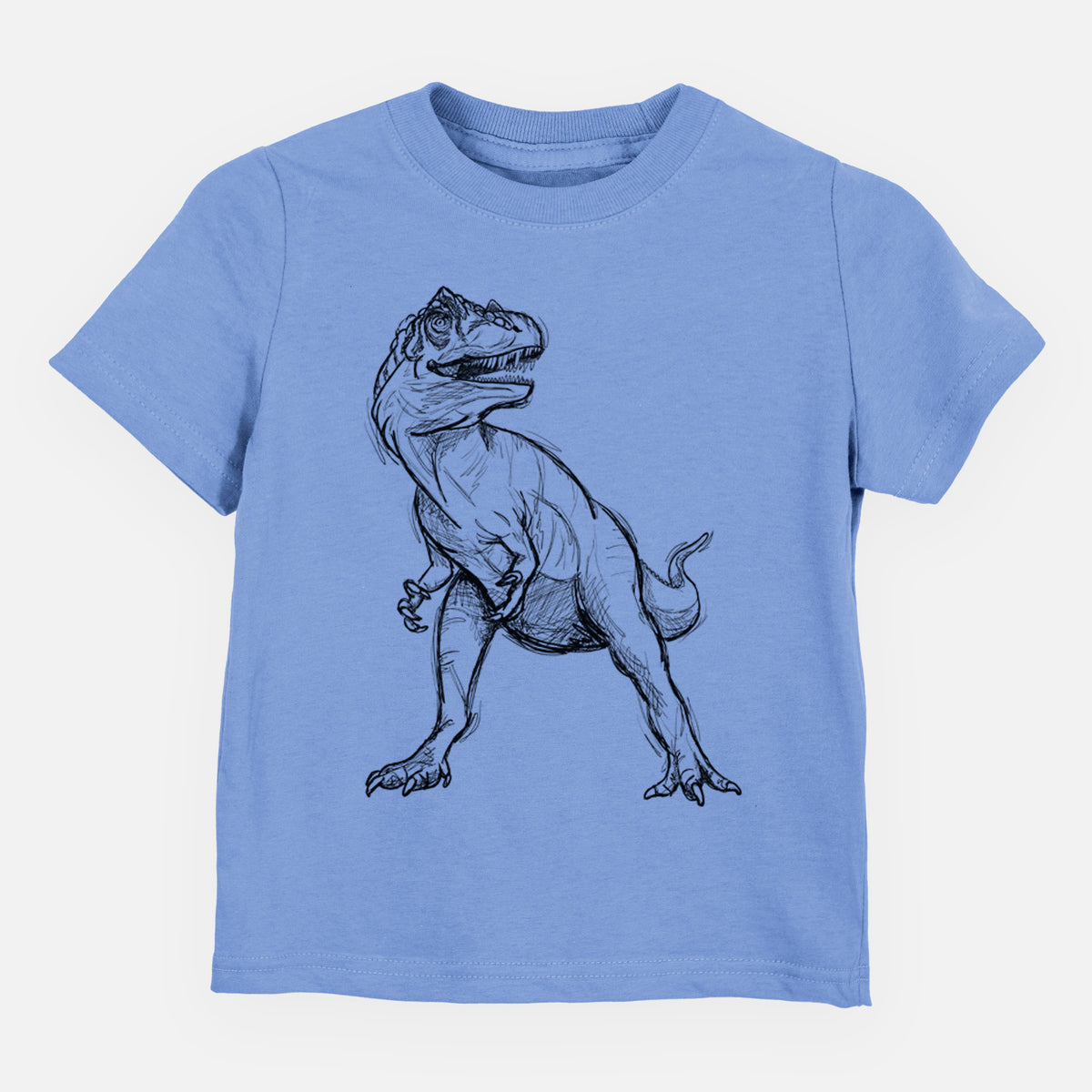Carolina blue toddler t-shirt laid flat, printed with a black ink illustration of an Allosaurus walking.