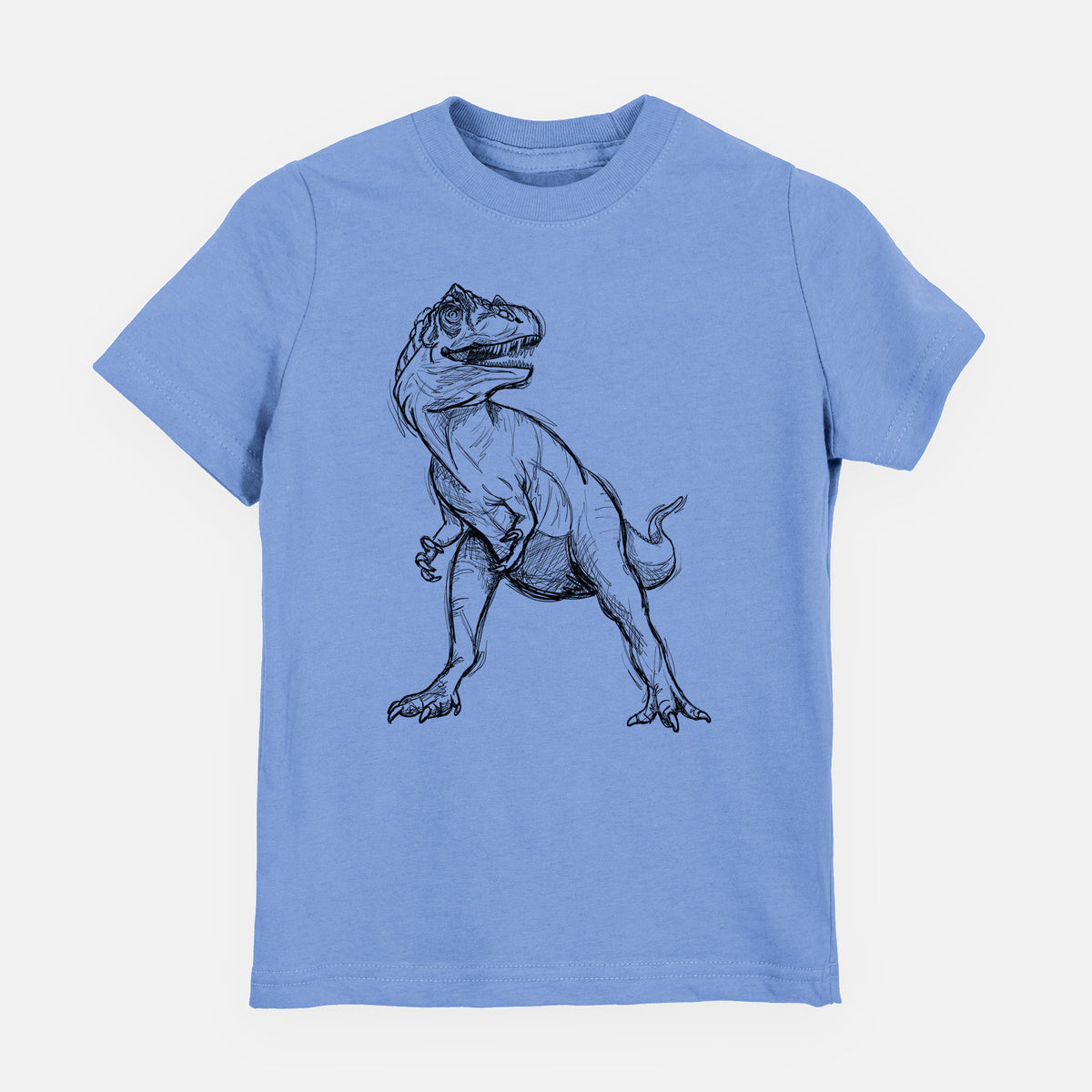Carolina blue youth t-shirt laid flat, printed with a black ink illustration of an Allosaurus walking.