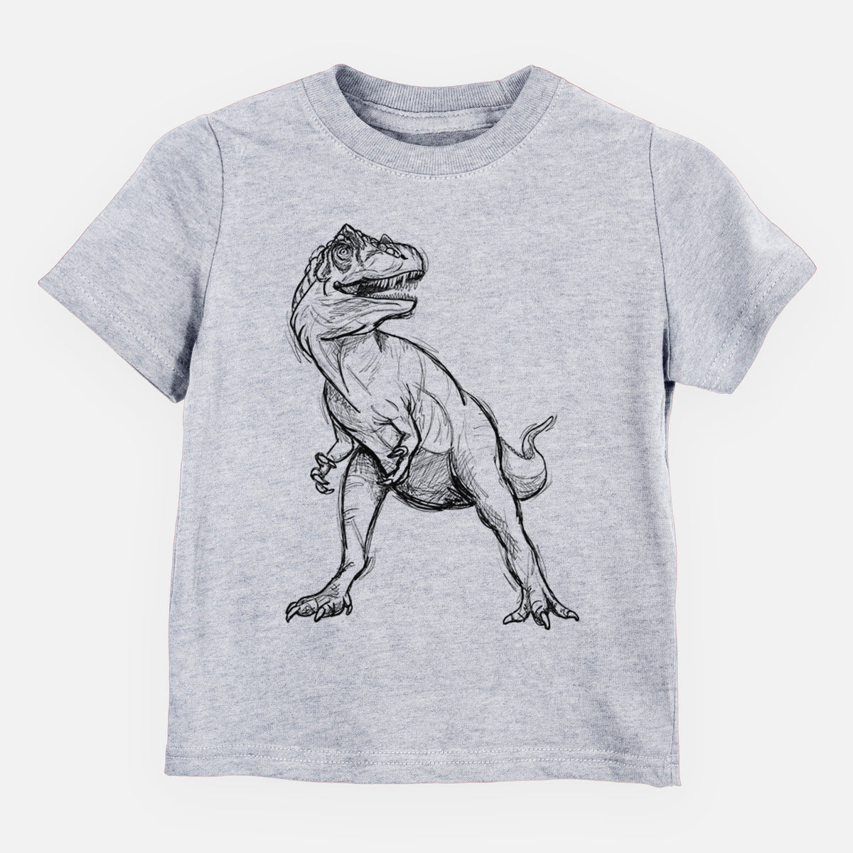 Heather grey toddler t-shirt laid flat, printed with a black ink illustration of an Allosaurus walking.