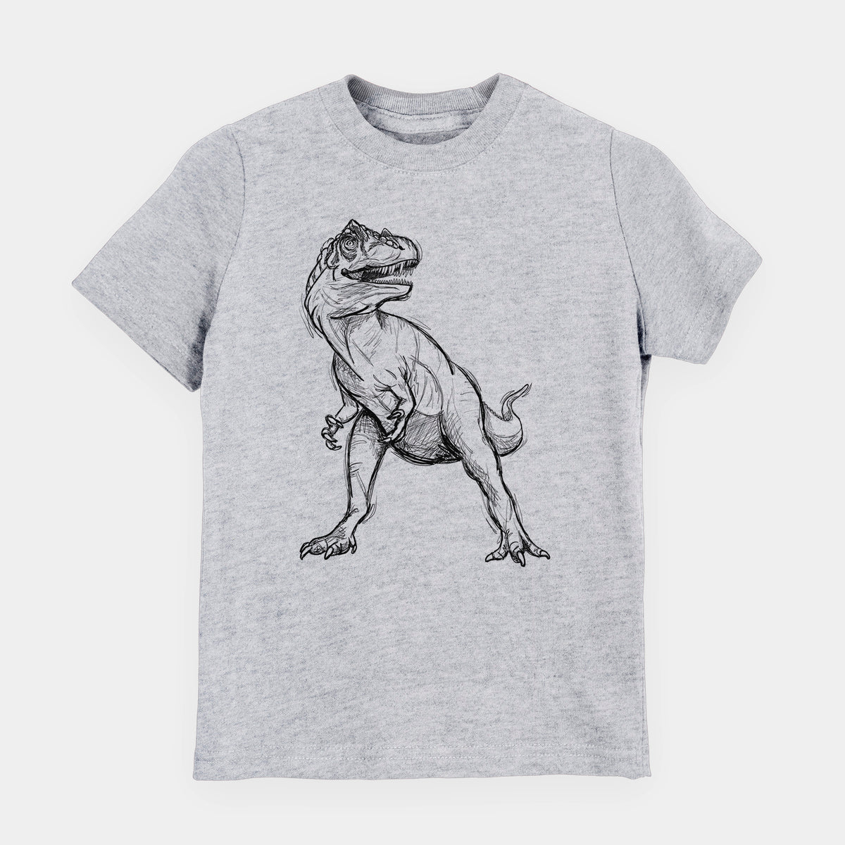 Heather grey youth t-shirt laid flat, printed with a black ink illustration of an Allosaurus walking.
