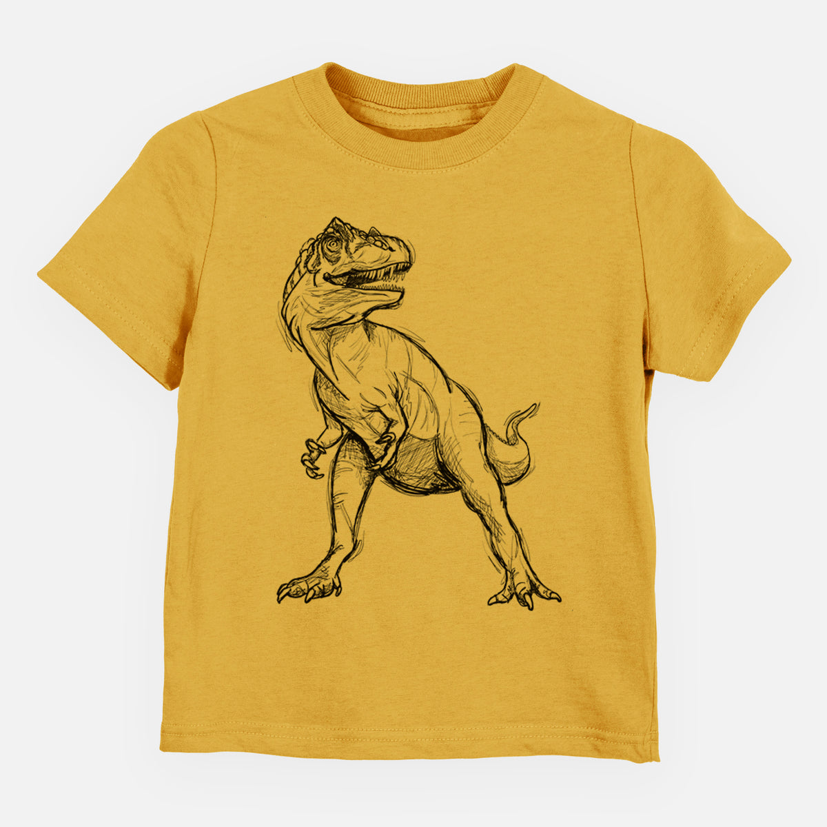 Honeycomb yellow toddler t-shirt laid flat, printed with a black ink illustration of an Allosaurus walking.