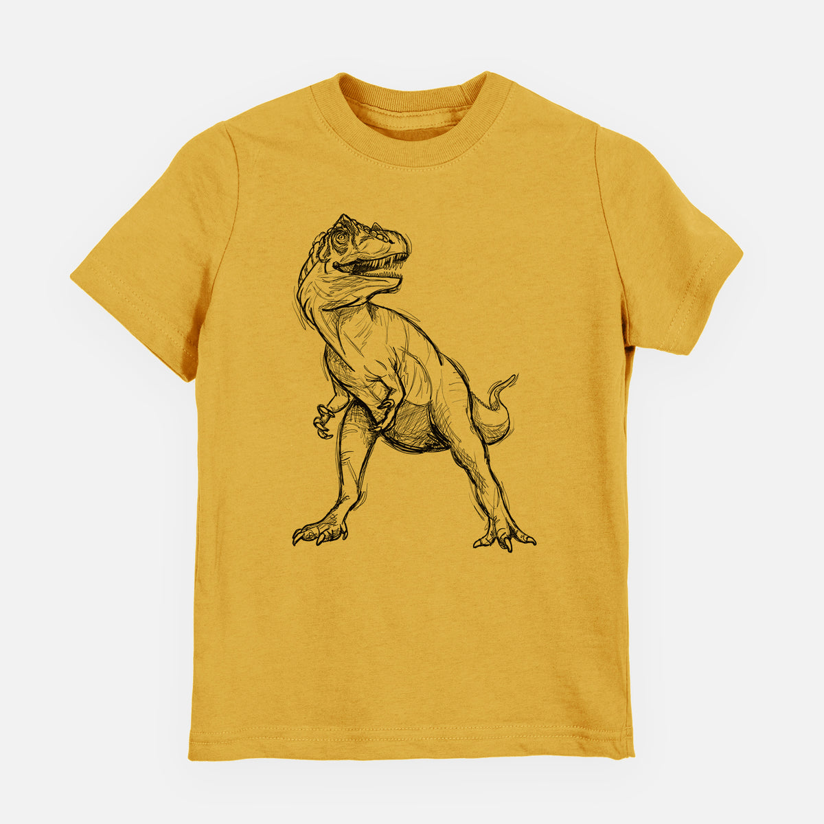 Honeycomb yellow youth t-shirt laid flat, printed with a black ink illustration of an Allosaurus walking.