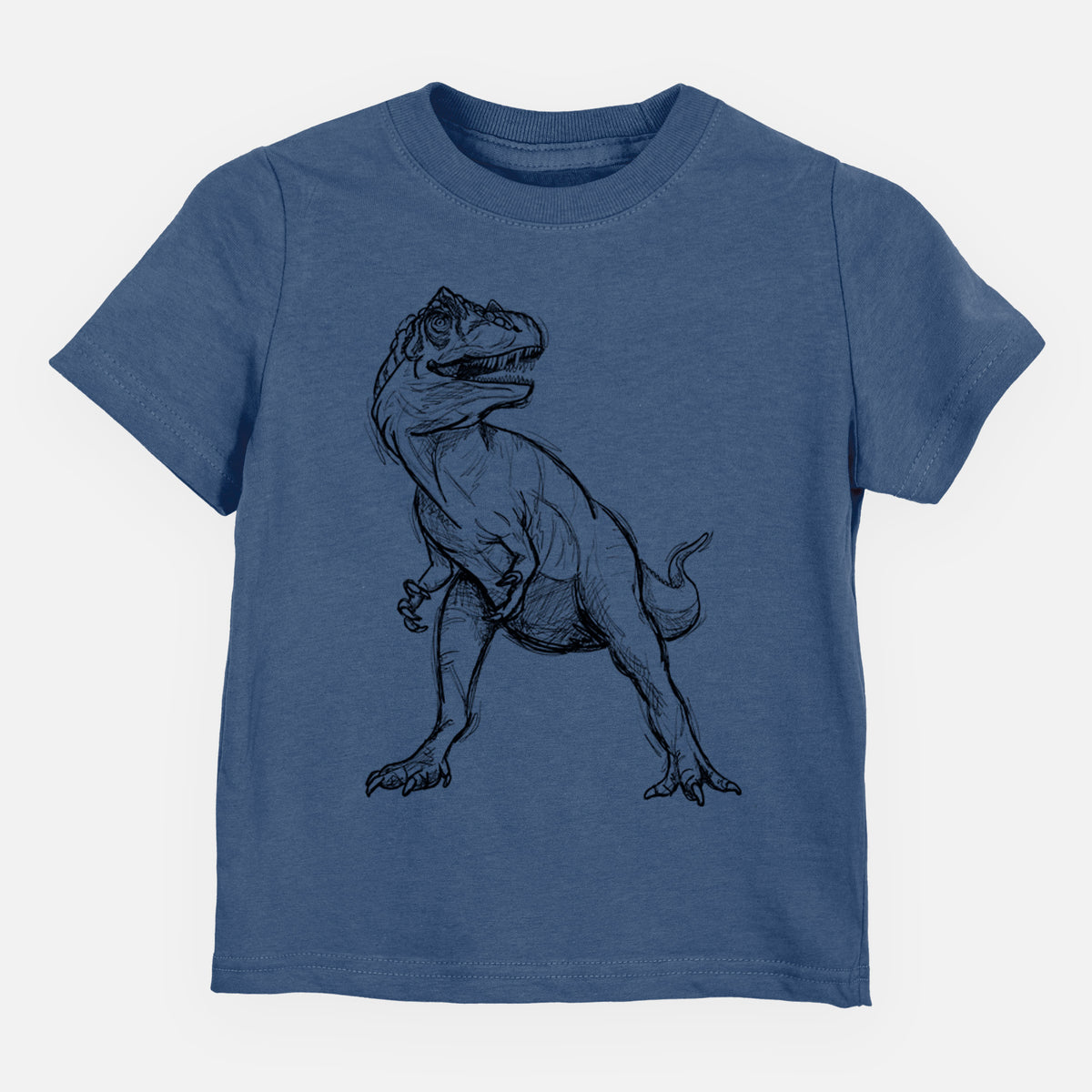 Indigo blue toddler t-shirt laid flat, printed with a black ink illustration of an Allosaurus walking.