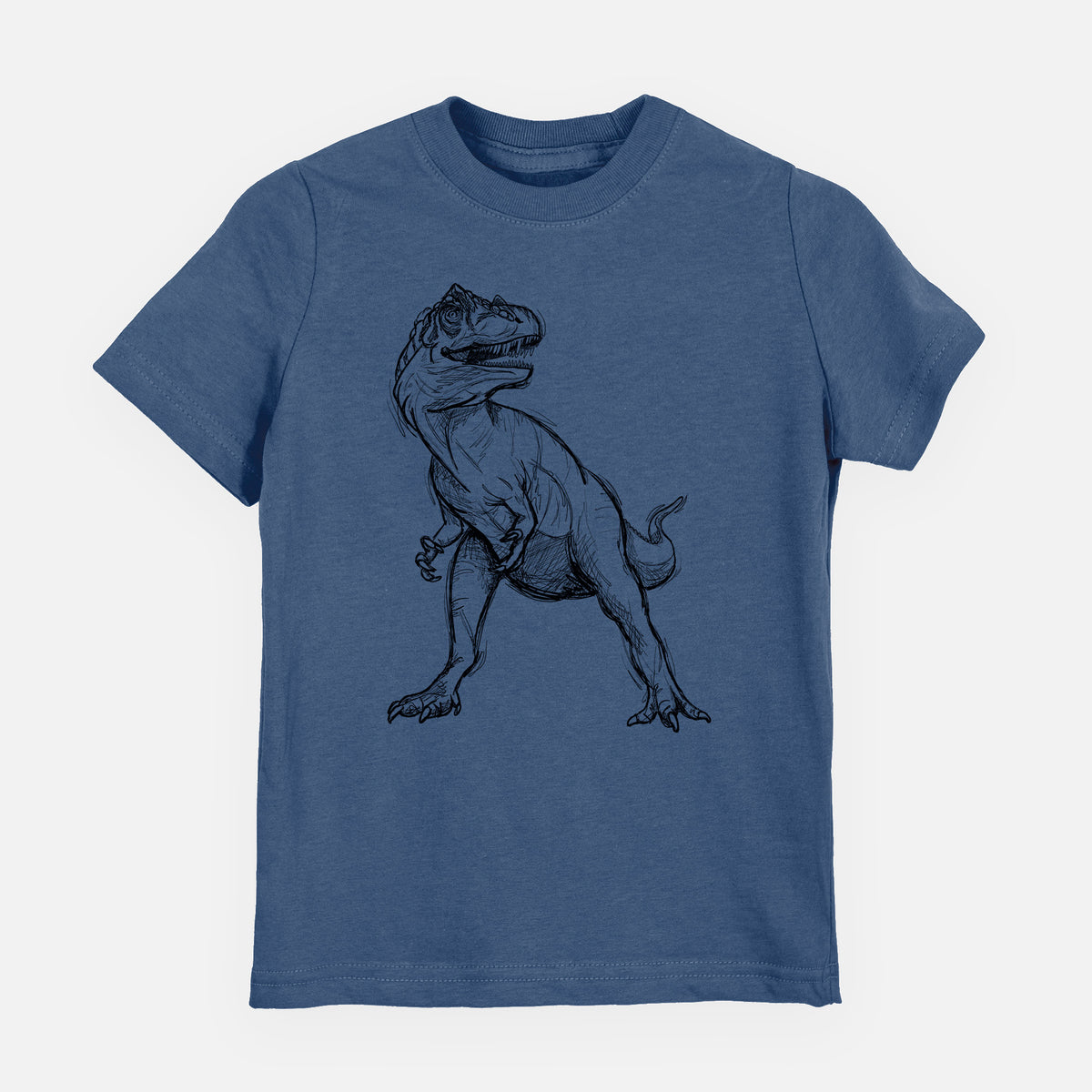 Indigo blue youth t-shirt laid flat, printed with a black ink illustration of an Allosaurus walking.