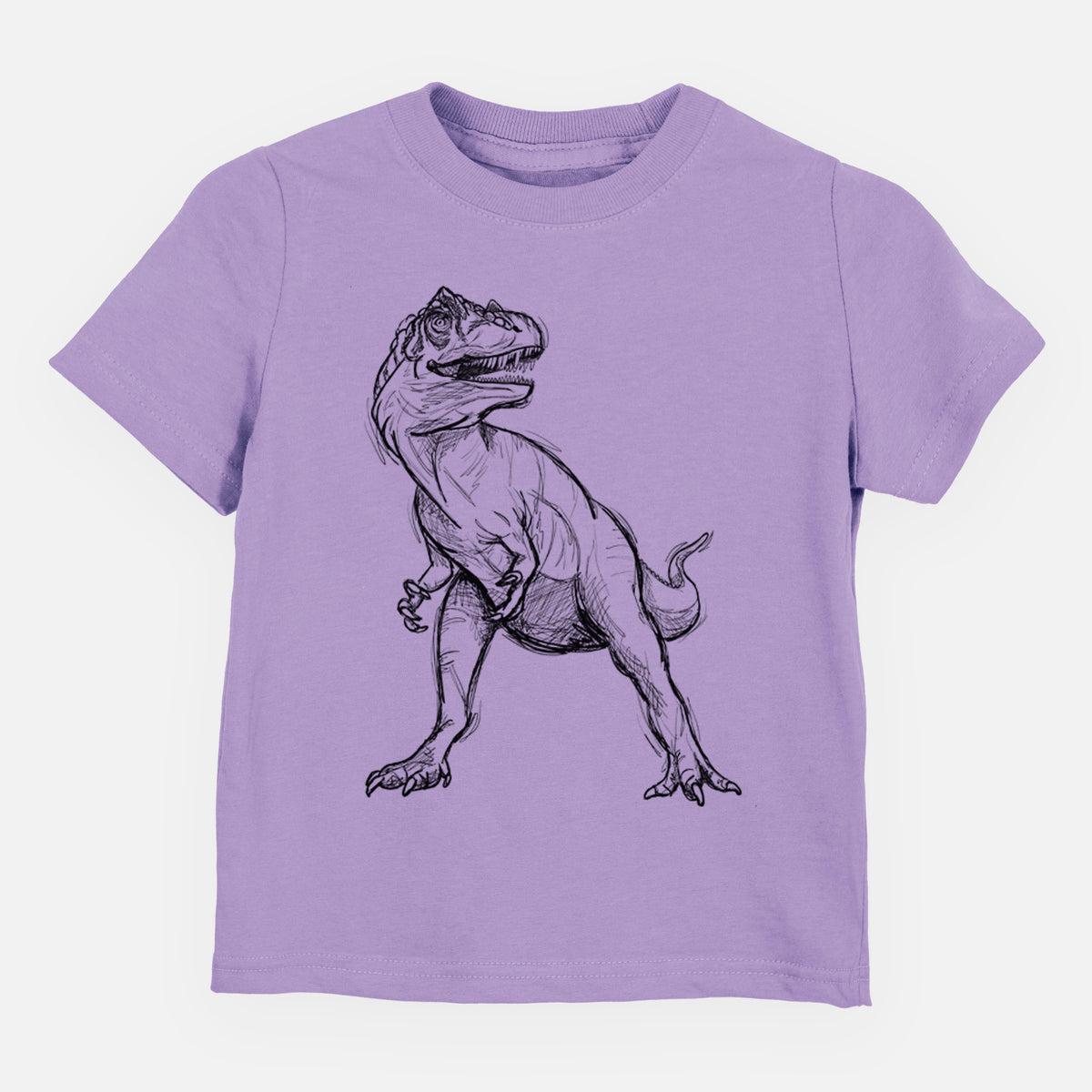 Lavender toddler t-shirt laid flat, printed with a black ink illustration of an Allosaurus walking.