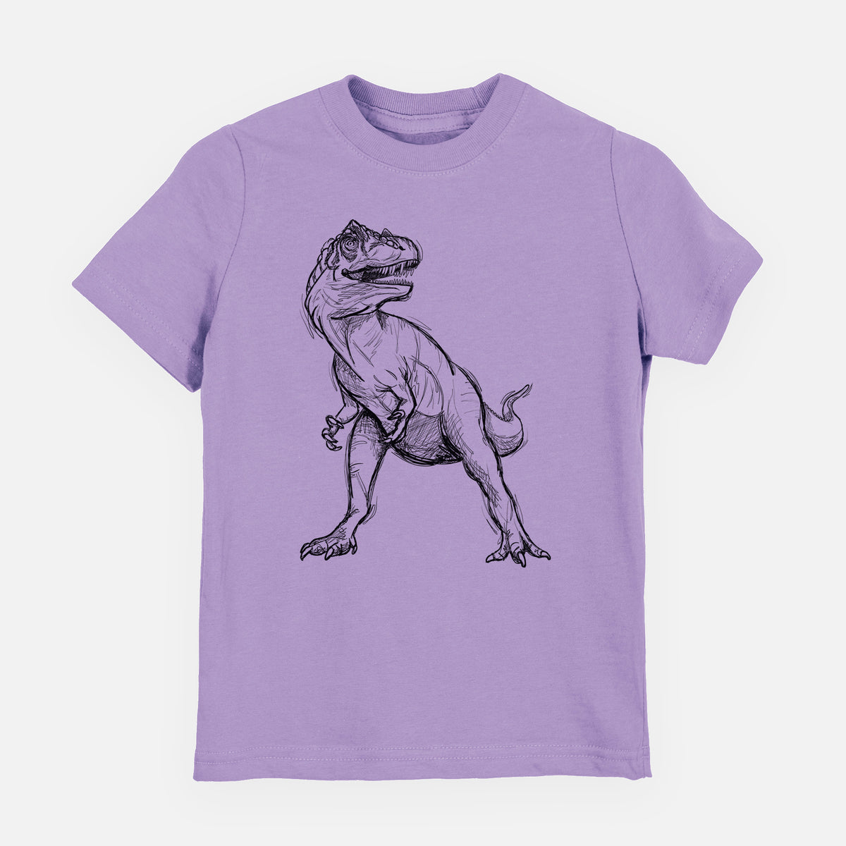 Lavender youth t-shirt laid flat, printed with a black ink illustration of an Allosaurus walking.