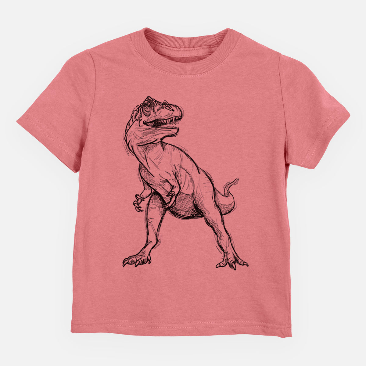 Mauve pink toddler t-shirt laid flat, printed with a black ink illustration of an Allosaurus walking.